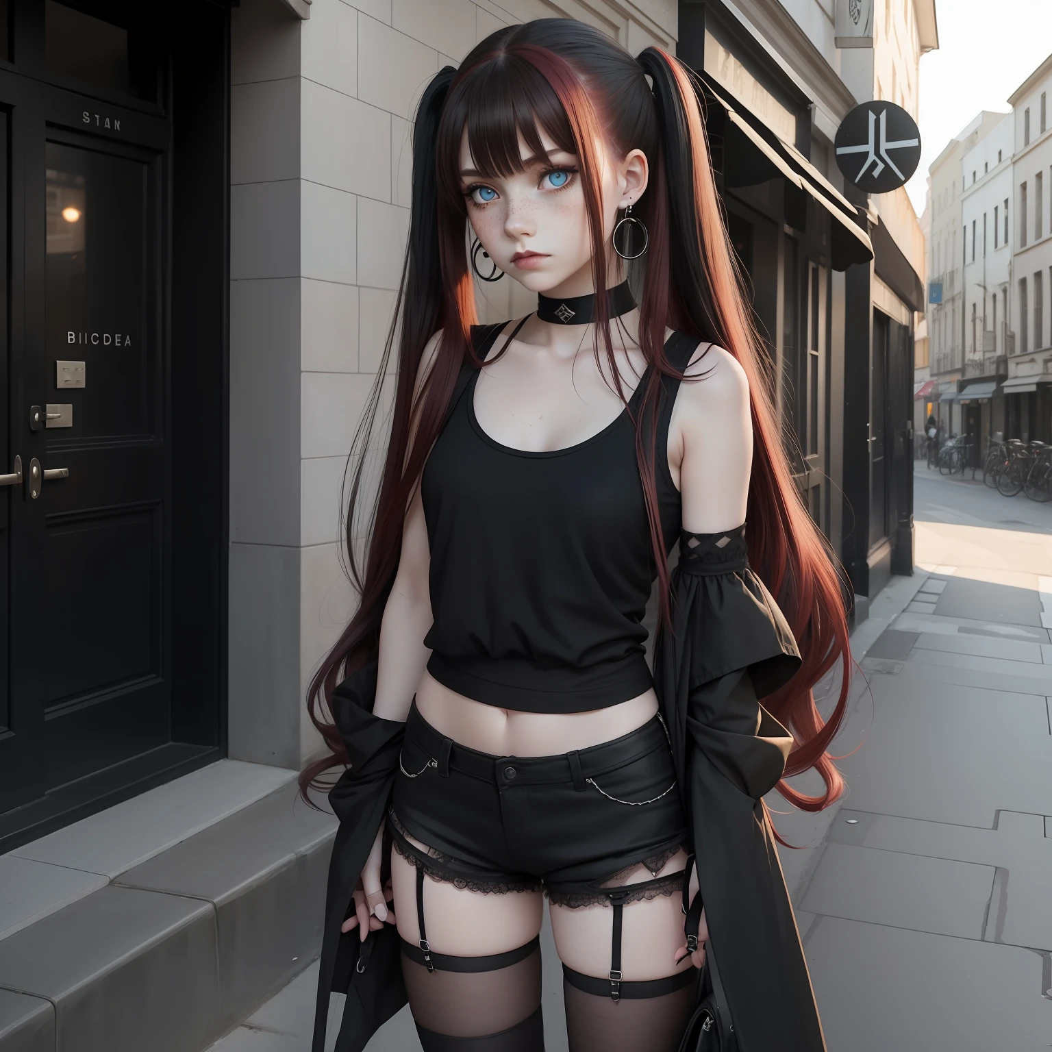 A young girl with sad expression, long dark red hair with black streaks with bangs, light blue eyes, pale skin, round face, on the street, full body, gothic fashion, freckles, black makeup and lipstick, flat chest, black tank top, black shorts, long striped black and white knee socks, twintails, earrings, black platformer shoes