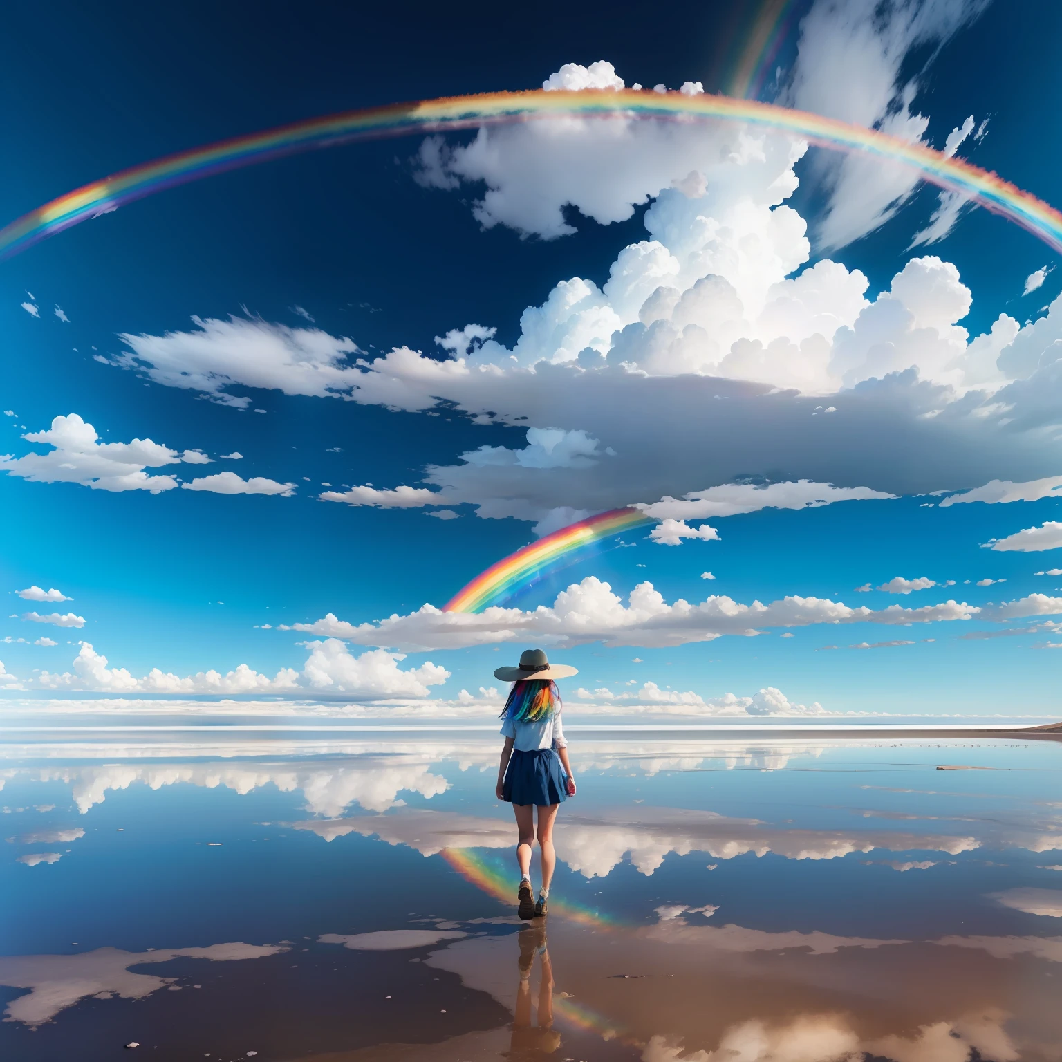 Uyuni Salt Flat、Reflecting the blue sky and summer clouds spreading in all directions. A girl walks in the middle of it, Surrounded by the blue of the sky and the white of the clouds, Create stunningly beautiful scenes.(((There is one big rainbow vividly in the sky)))