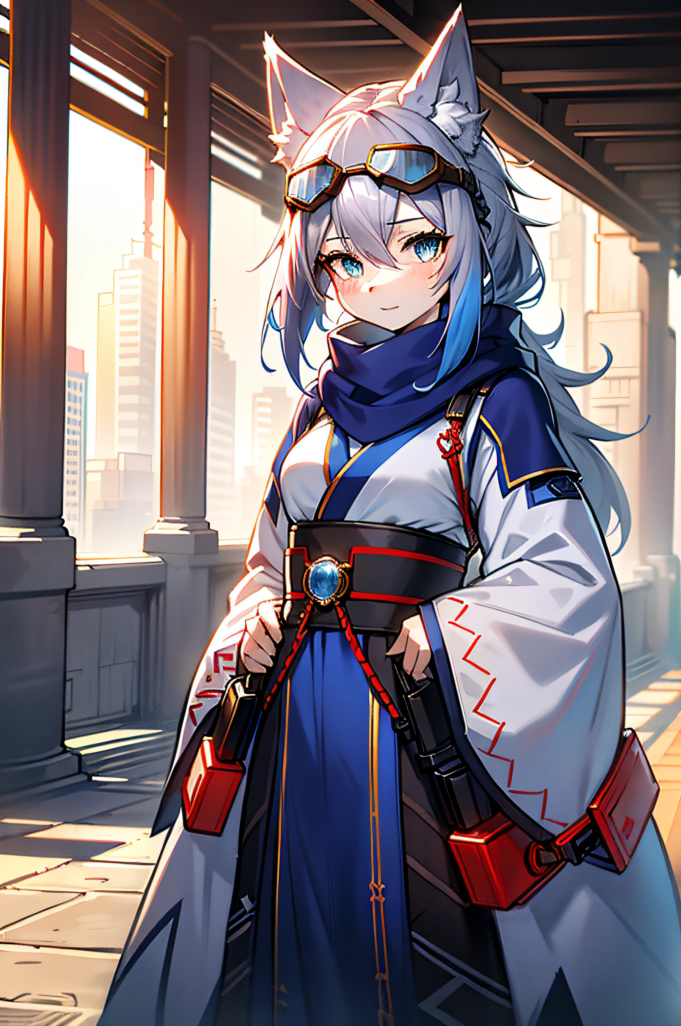 hairy pubic,furry,Gray hair,female,coyote,Wolf animals,Red and blue eyes,Blue hair,Wear windproof goggles,With a blue scarf,looking at viewert,adolable,Pure,Hanfu,Beautiful lights and shadows,ambient lights,Ultra-fine fur,volumettic light