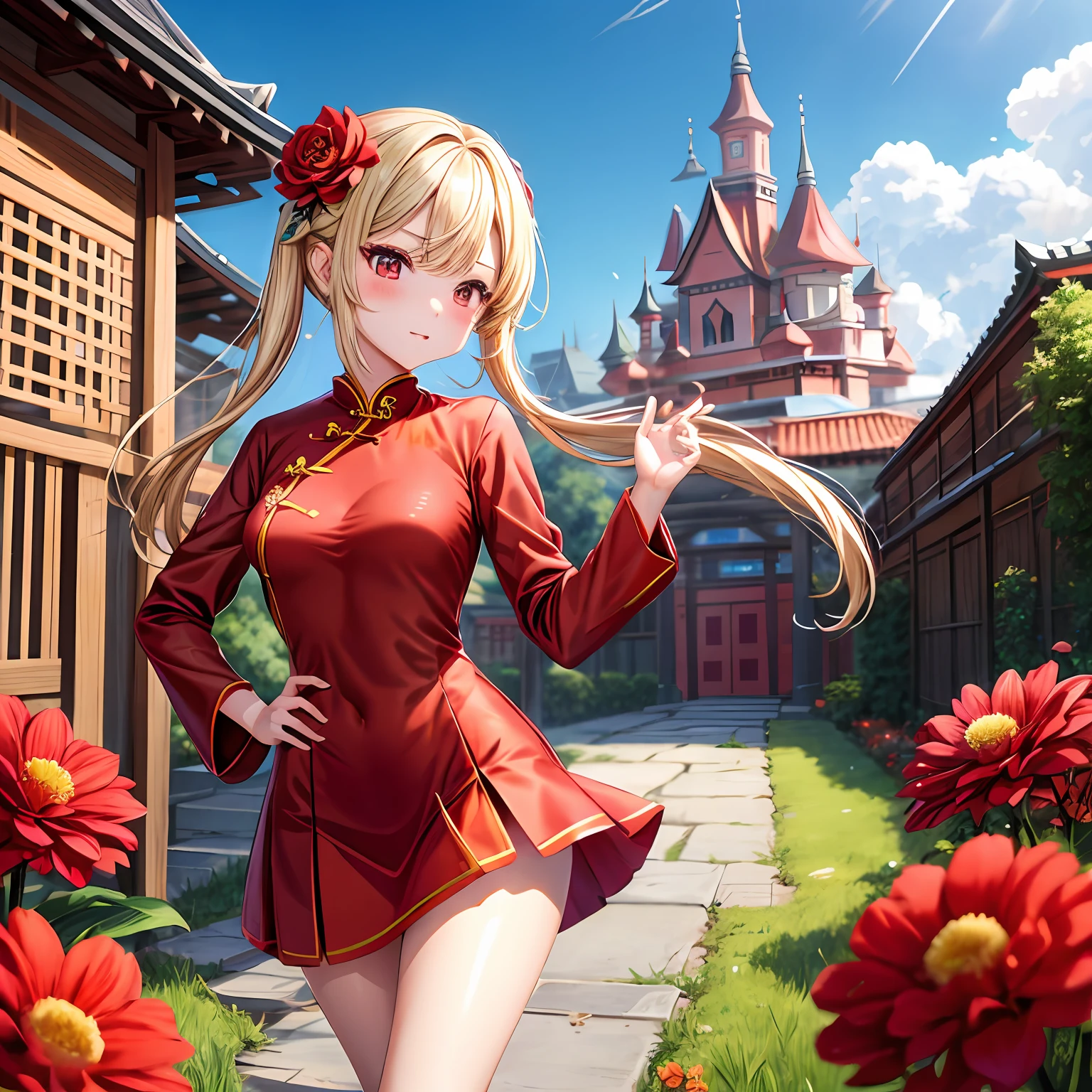 a blond、red eyes、One pretty girl、独奏、animesque、flower field、red blush、Black cheongsam、a miniskirt