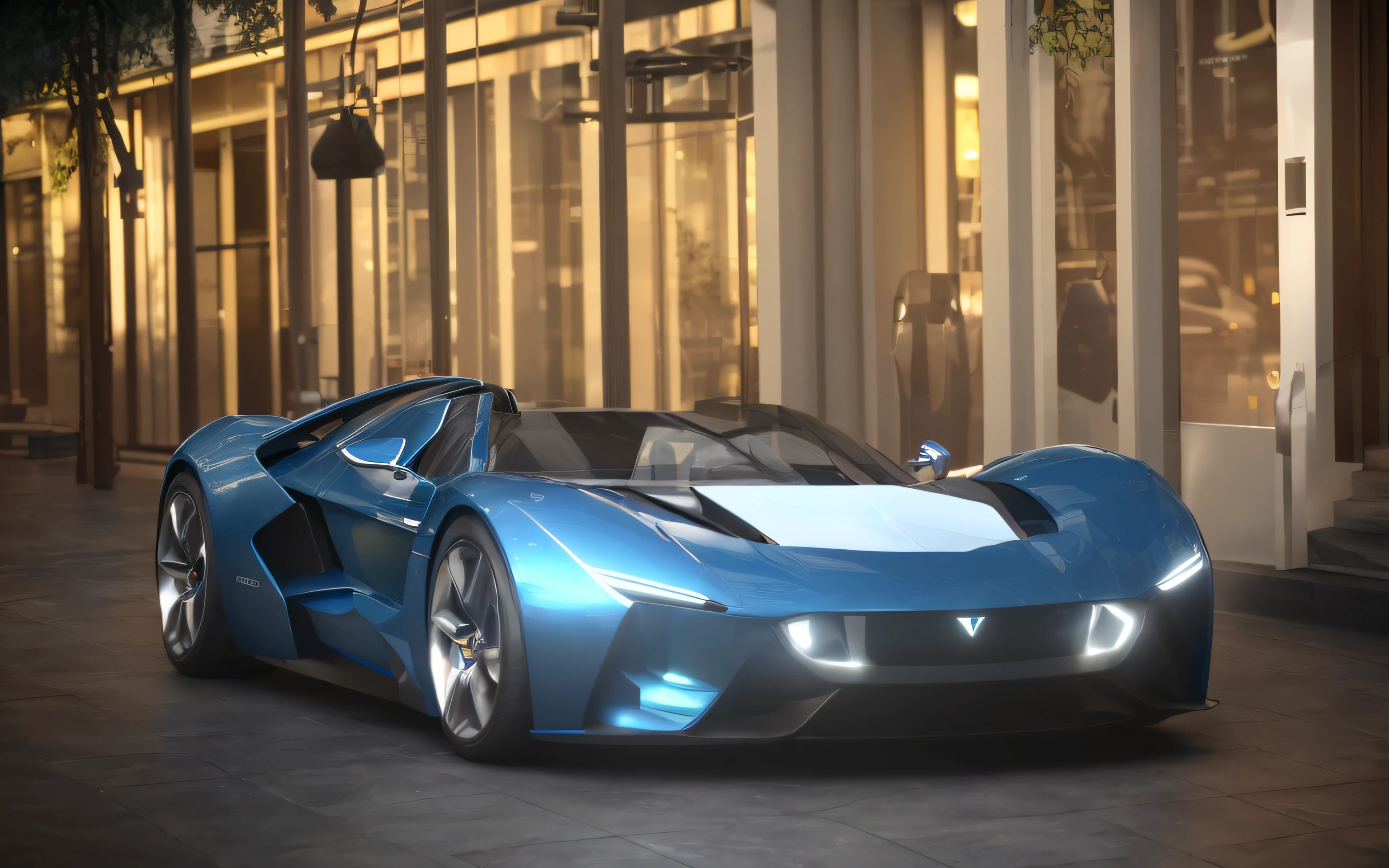 The Allafard blue sports car is parked on the city street in front of the building, render of futuristic supercar, 4k rendering, 4 k render, Concept car, Futuristic car, stunning render, gurney with ambient lighting, rendered in cgi, cgi render, Futuristic concept car, elegant render, futuristic product car shot, inspired by Harry Haenigsen, cg render