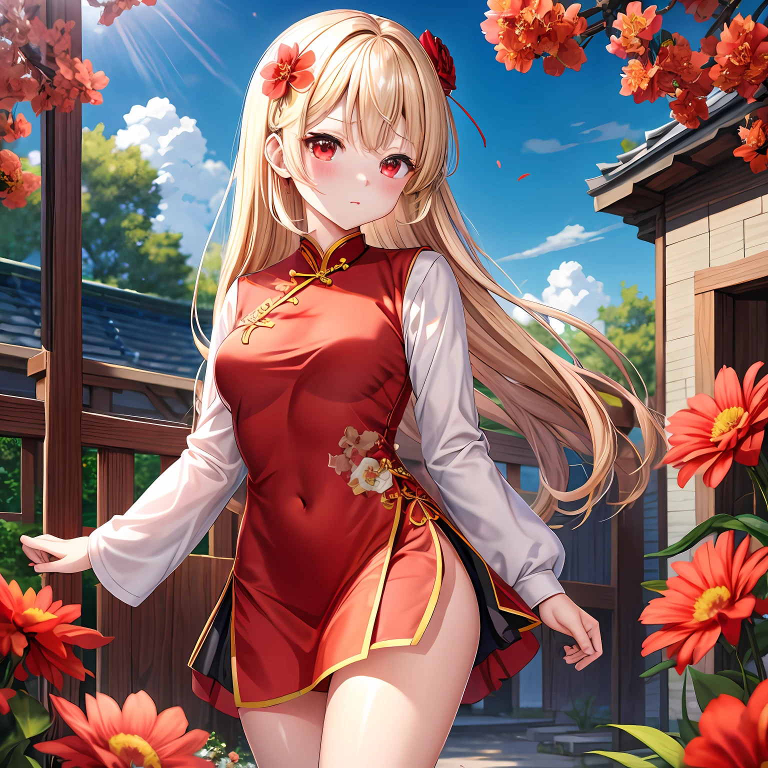 a blond、red eyes、One pretty girl、独奏、animesque、flower  field、red blush、Black cheongsam、a miniskirt