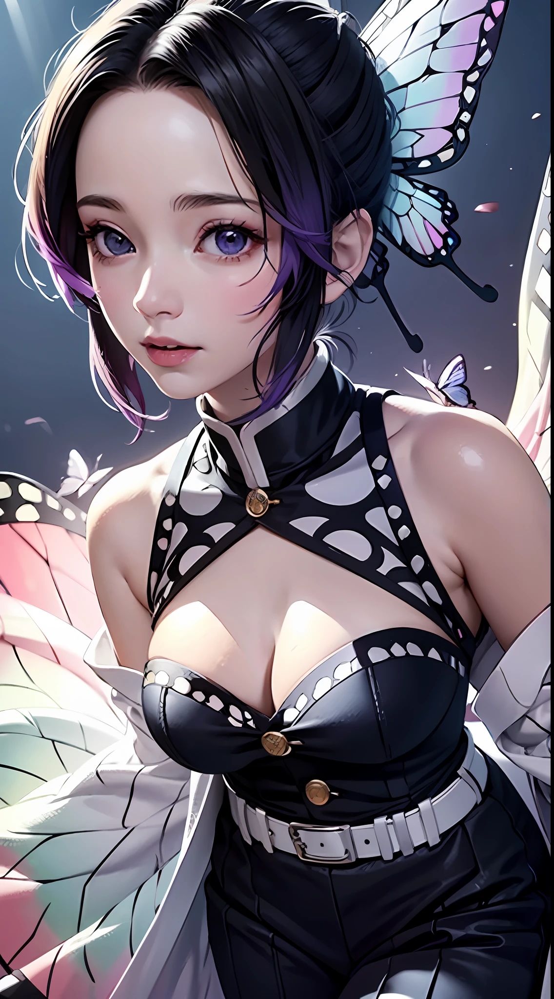 Ultra-realistic 8K CG，tmasterpiece，（（Ultra detailed backgrounds，delicate patterns，Complicated details）），Best quality at best，very vey very detailed face，very detailed eyes and faces，Very detailed eyes，Kochou Shinobu，O cabelo multicolorido，No bangs，hair intakes，Purple eye，Forehead，Black shirt，Black pantsuit，haori，butterflys，Button，obi strip，（trpical garden：1.2），purple flower，tchibi，mostly cloudy sky，rays of sunshine，Tyndall effect，Gradient_sky，the face，beautiful sky，Saber on the waist，captivating posture，Large breasts，cleavage，Off-the-shoulder attire