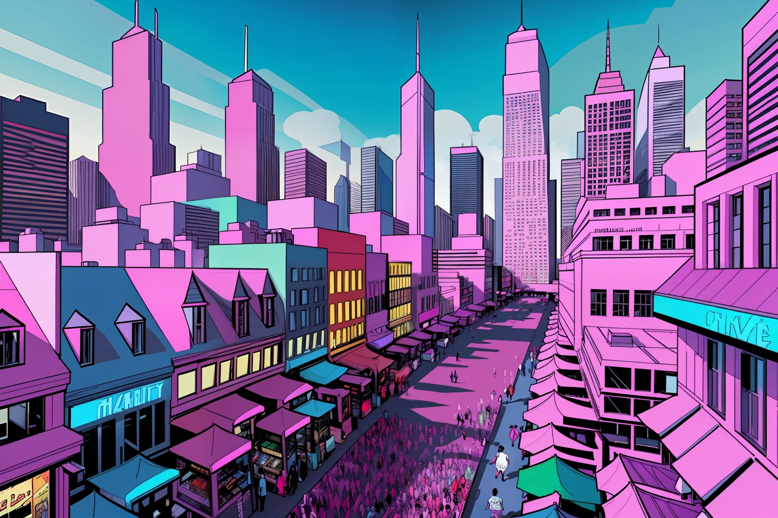 drone shot of busy street, crowd, colorful, city, daytime, comic book style, flat shaded, prominent comic book outline linework