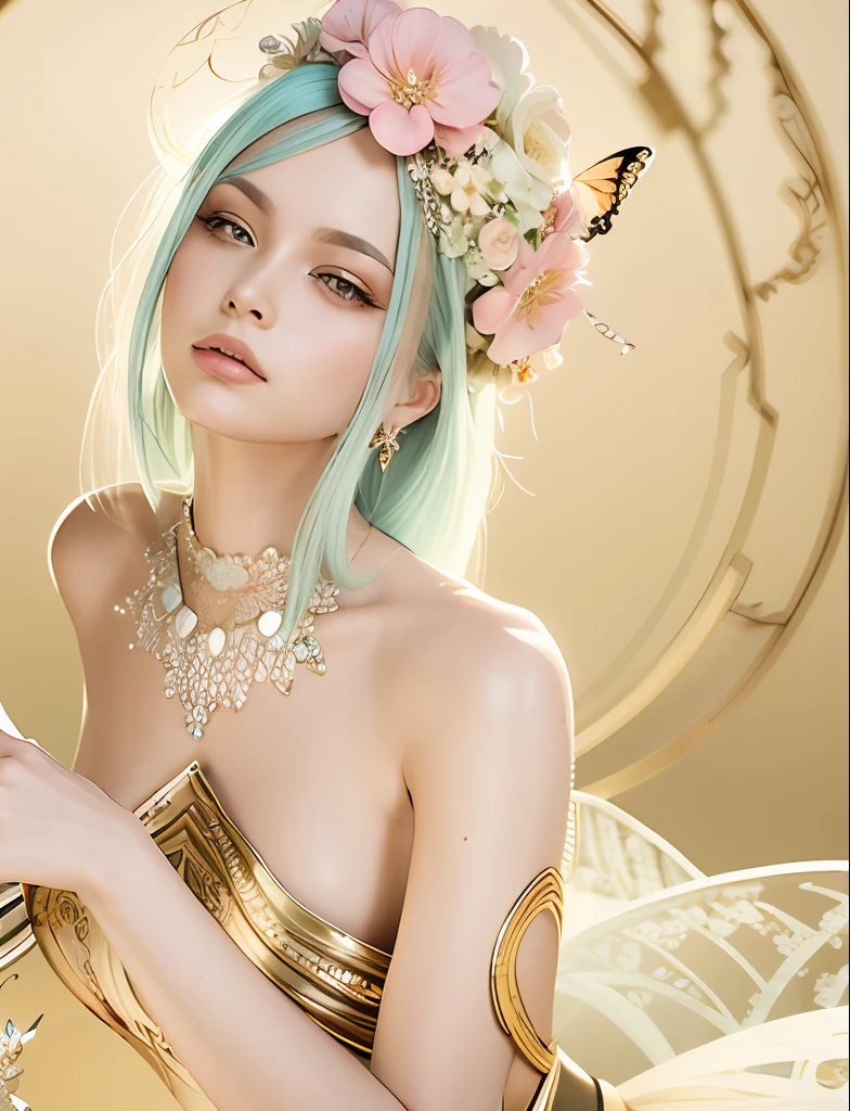 There is a woman wearing flowers woven with turquoise，In dance，Butterflies fluttered around her, beautiful  face，Nice big eyes，Fair, Delicate and Smooth Skin，Accurate hands，perfect body figure，Accurate human anatomy，White space，stunning 3d render of a fairy, Ethereal beauty, Ethereal fantasy, Unexpected surprise，a stunning young ethereal figure, karol bak uhd, high fashion fantasy, fantasy. Intricate, Goddess. Extremely high detail, fantasy beautiful, ethereal details,ethereal skin，tmasterpiece，4K,professional photoshooting，