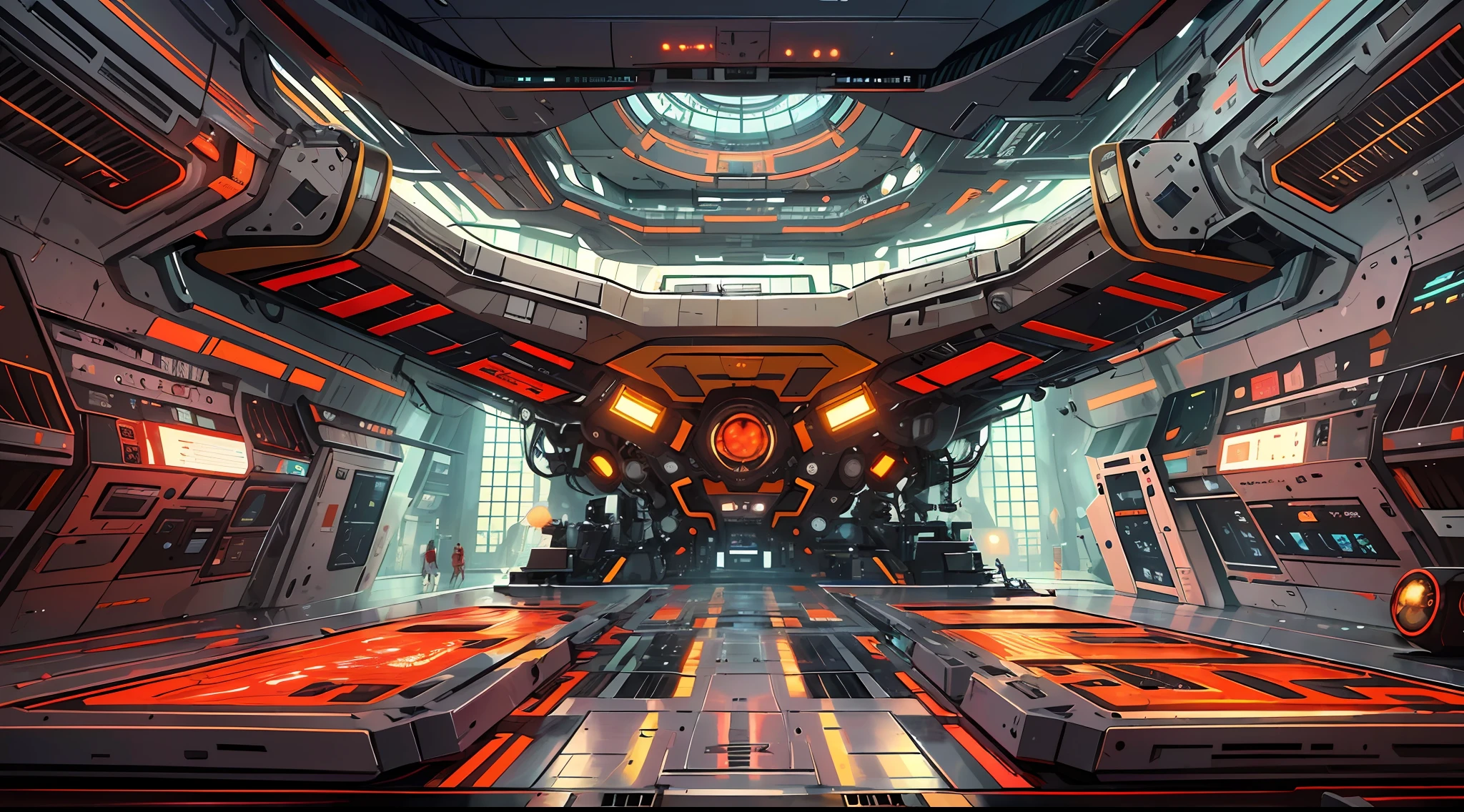 (Obra maestra, La mejor calidad, illustration, Motor Unreal 5, Arte Oficial:1.3), Esquema de color rojo intenso, An image of a technocratic, omnivorous, Iridiscente, extranjero, (Sentado en una sala de control de Starbase:1.2), Detalles intrincados, absurdos, 8k