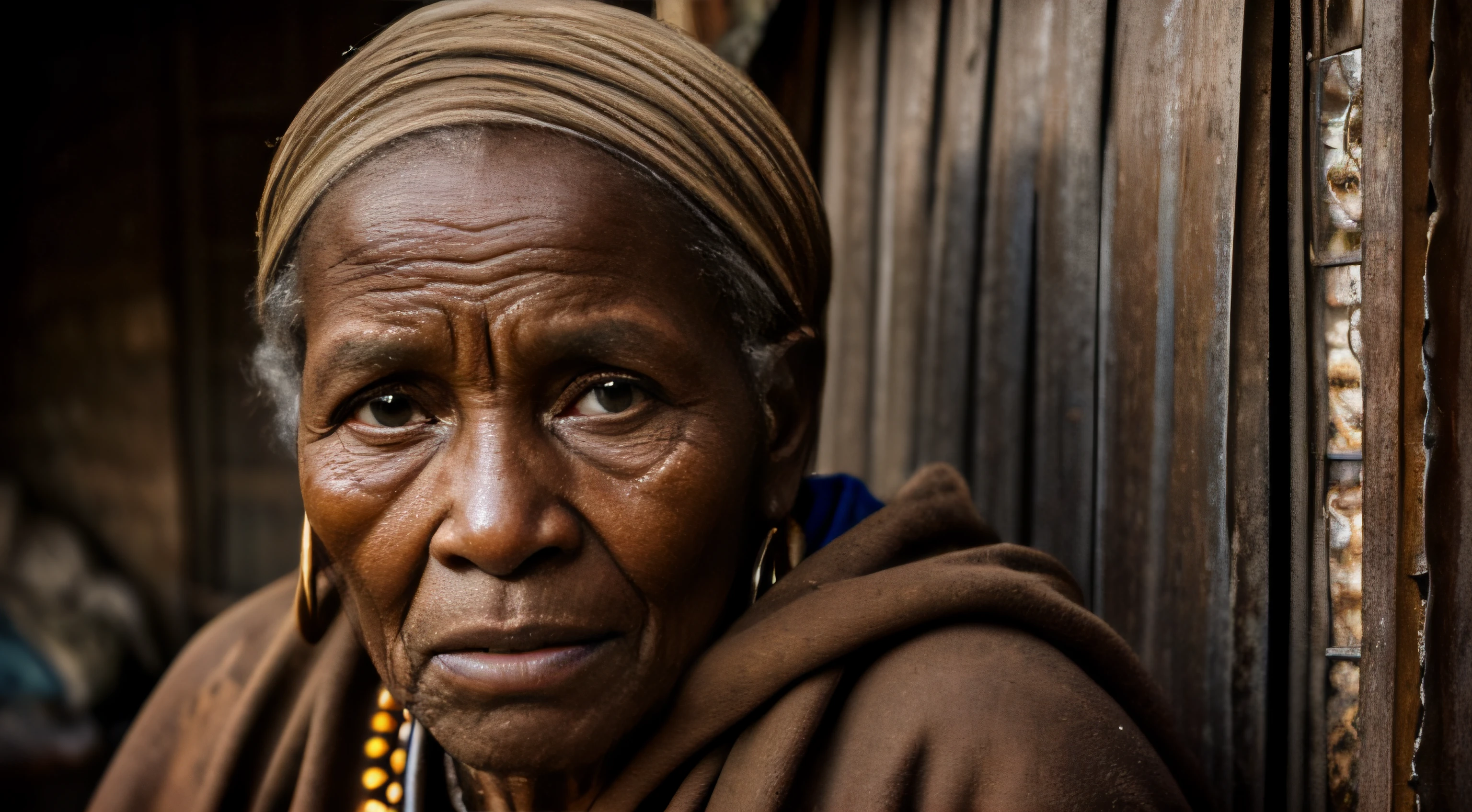 «»A powerful photorealistic image of an elderly woman from an African tribe, standing outside her humble and cluttered home, wearing torn and dirty clothes that reflect her dire living conditions«», Photograph, Impoverished Living Conditions, Artistic Inspiration from Jimmy Nelson's tribal documentary photography, Camera: Full Frame DSLR, Shot: Full Body, Rendered in high-resolution 4K for lifelike detail. The woman's weathered appearance and worn-out clothing illustrate the harsh reality of her circumstances. The cluttered surroundings reflect the challenges she faces daily. The lens used is a 35mm lens, capturing the woman's emotions and the authenticity of her living conditions. The lighting is natural, with warm tones adding depth and atmosphere to the scene. The image aims to evoke empathy and shed light on the struggles faced by elderly individuals living in extreme poverty within the context of their tribal culture. This prompt focuses on photorealism, drawing inspiration from Jimmy Nelson's powerful and emotive tribal documentary photography.