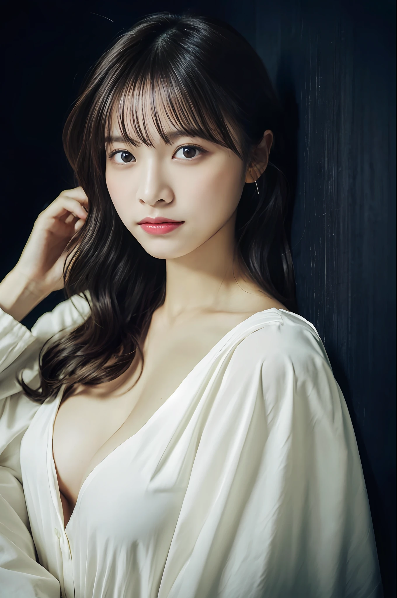 1girl in, (Wavy Hair:1.21),(disheveled hair:1.331), Fancy pajamas、large full breasts, Valley, hair messy, Long bangs, hairs between eyes,(Open your clothes), Beautiful detailed eyes,Dark background, Moonlight, laying on back, bedroom, a bed, flower_flower petals,city,full_Moon, (超A high resolution,Photorealistic,Realistic,Best Quality,Photorealsitic), (8K, Raw photo, Best Quality, masutepiece), (Photon mapping, Radio City, Physically-based rendering,Automatic White Balance), (technological sense, Best Quality, masutepiece,Unity,Wallpaper, Official art, amazing, finely detail, extremely delicate and beautiful,Extremely detailed, Highly detailed, Sharp Focus),photograph,Rich background,