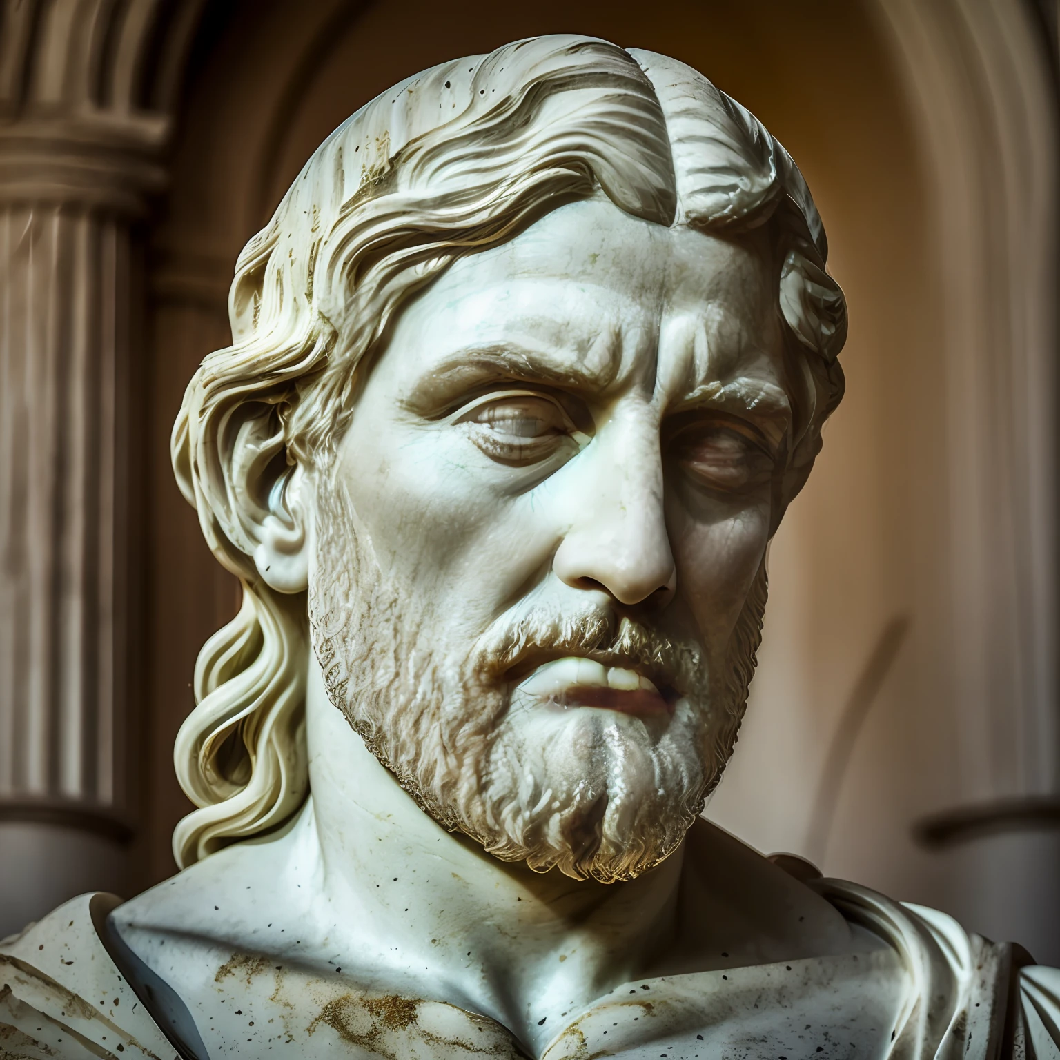 marble sculpture of the face of a Greek thinker ((barbudo)) in a destroyed place, cinematografia, Epic light and shadow, muito contraste, fotografia profissional