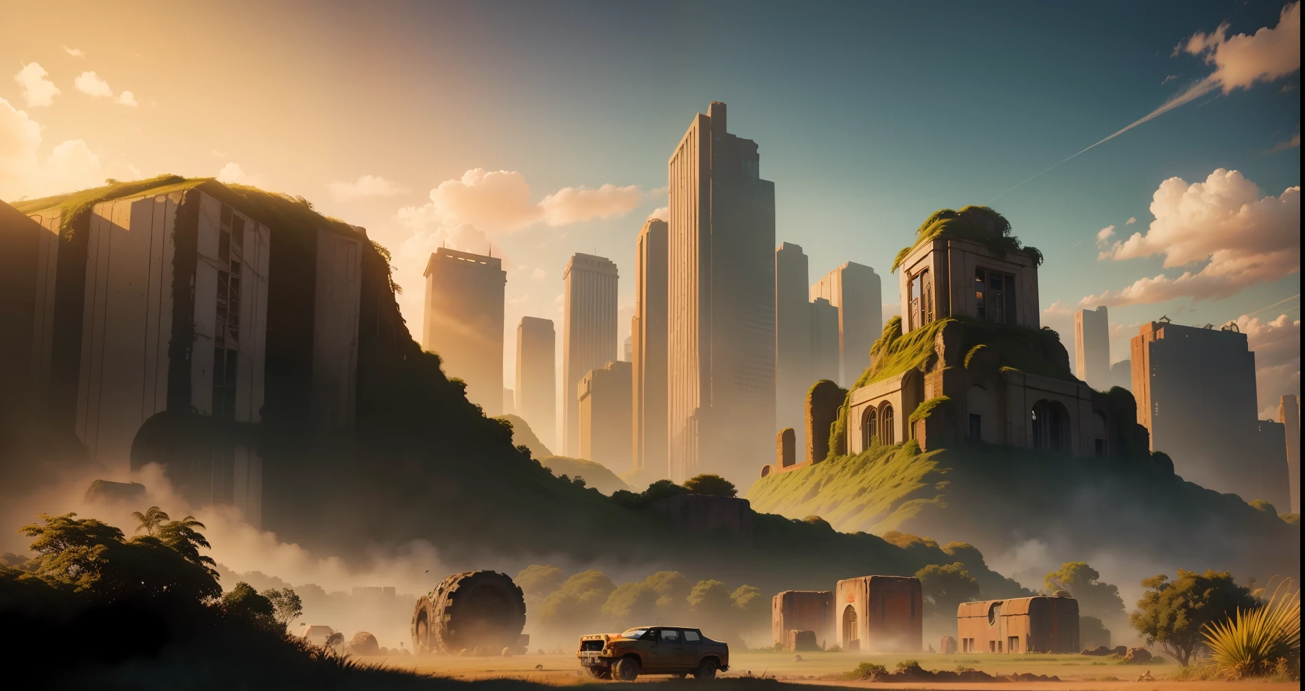 Fields and ruins Jurassic Park,Wheel of Destruction,Bright warm colors,morningglow,Eye level height,Heads-up,Panorama composition,废墟, Abandoned fields,Morning light,Ruins of the City of the Fallen Kingdom, cinematic unreal engine 5