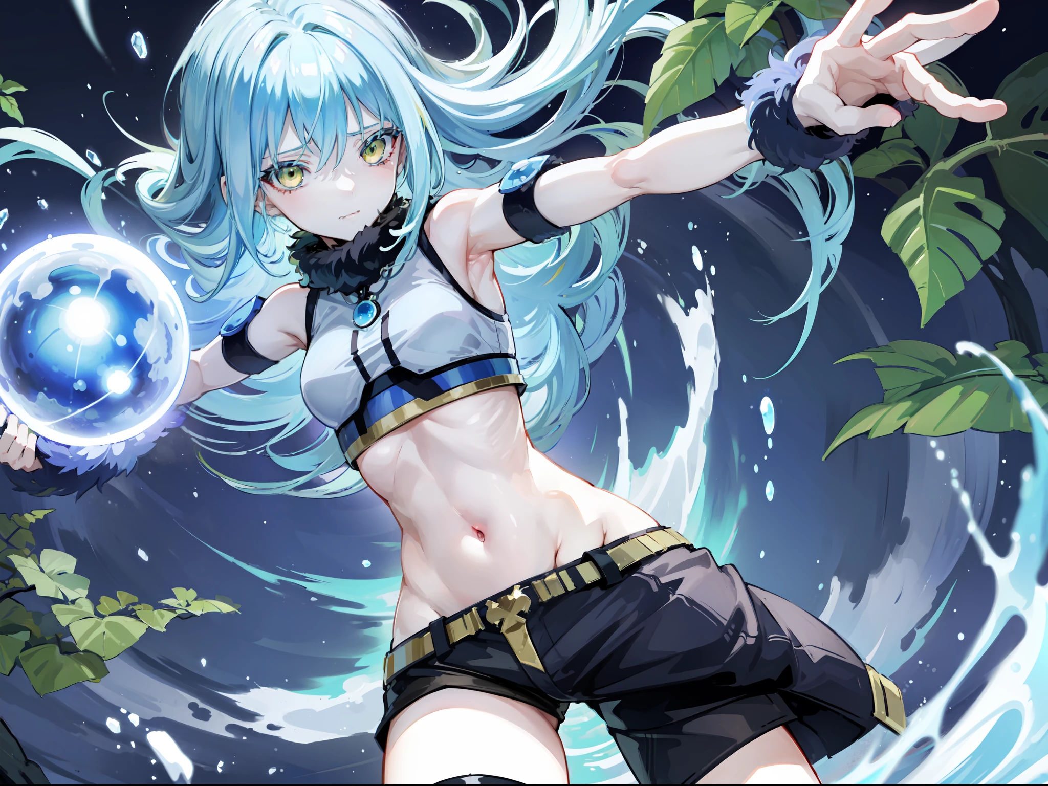 ((rimuru tempest, crop top, armpit, short pants, jungle, Her breasts are visible )), masterpiece, Top quality, Ultra high definition, Maximum resolution, Very detailed, Clean skin, Anime.