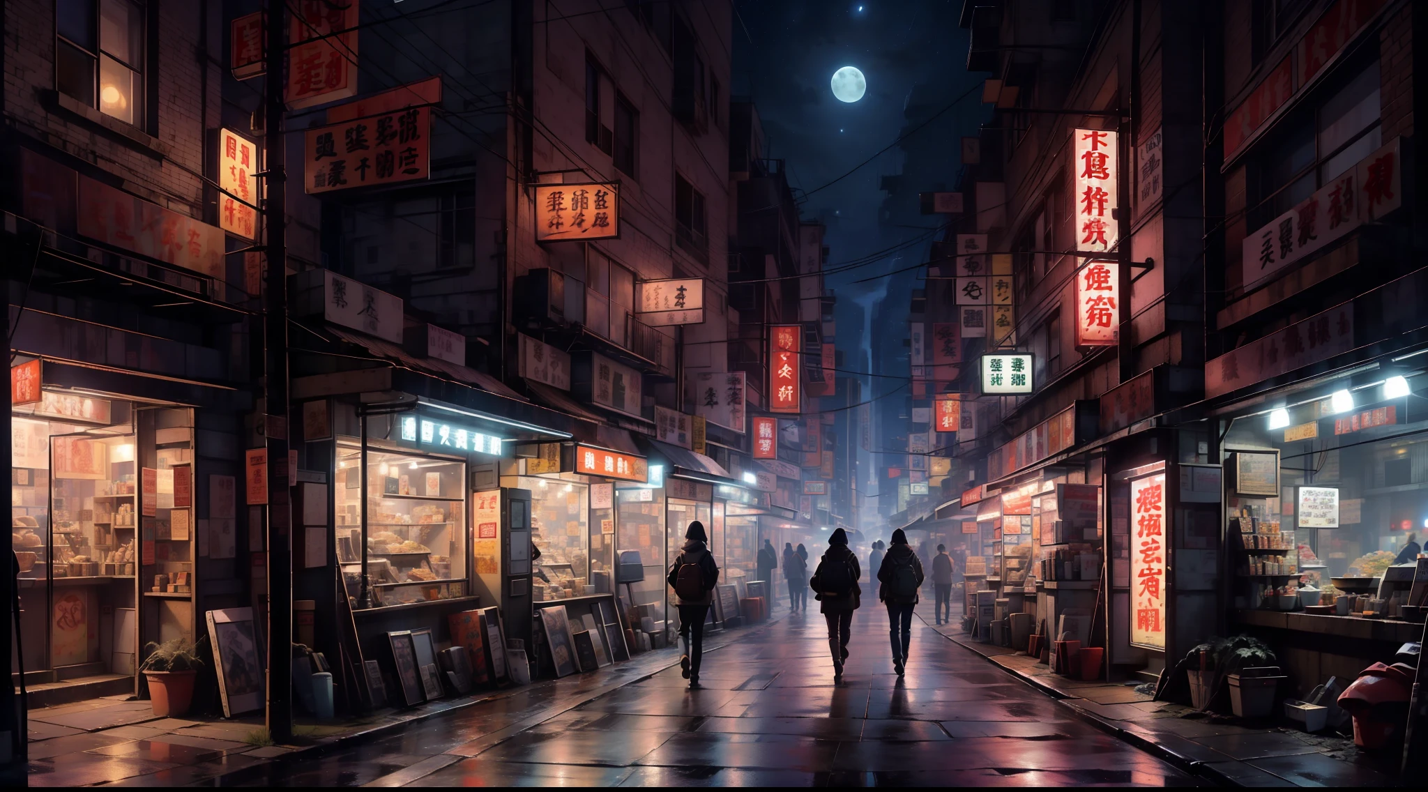 Nostalgic digital paintings inspired by the fascinating world of Studio Ghibli。The artwork is、Depicts a street of charming festive stalls at night、It exudes a sense of tranquility and wonder。The scene is、Set in a movie moment reminiscent of scenes from Ghibli movies。In the configuration、a person々is walking down the street of food stalls。a person々The world around you is beautiful and detailed、、Capture the essence of a nostalgic atmosphere。The sky above is decorated with breathtaking star displays、Evokes a wistful sense of reminiscence that resonates with viewers of all ages。