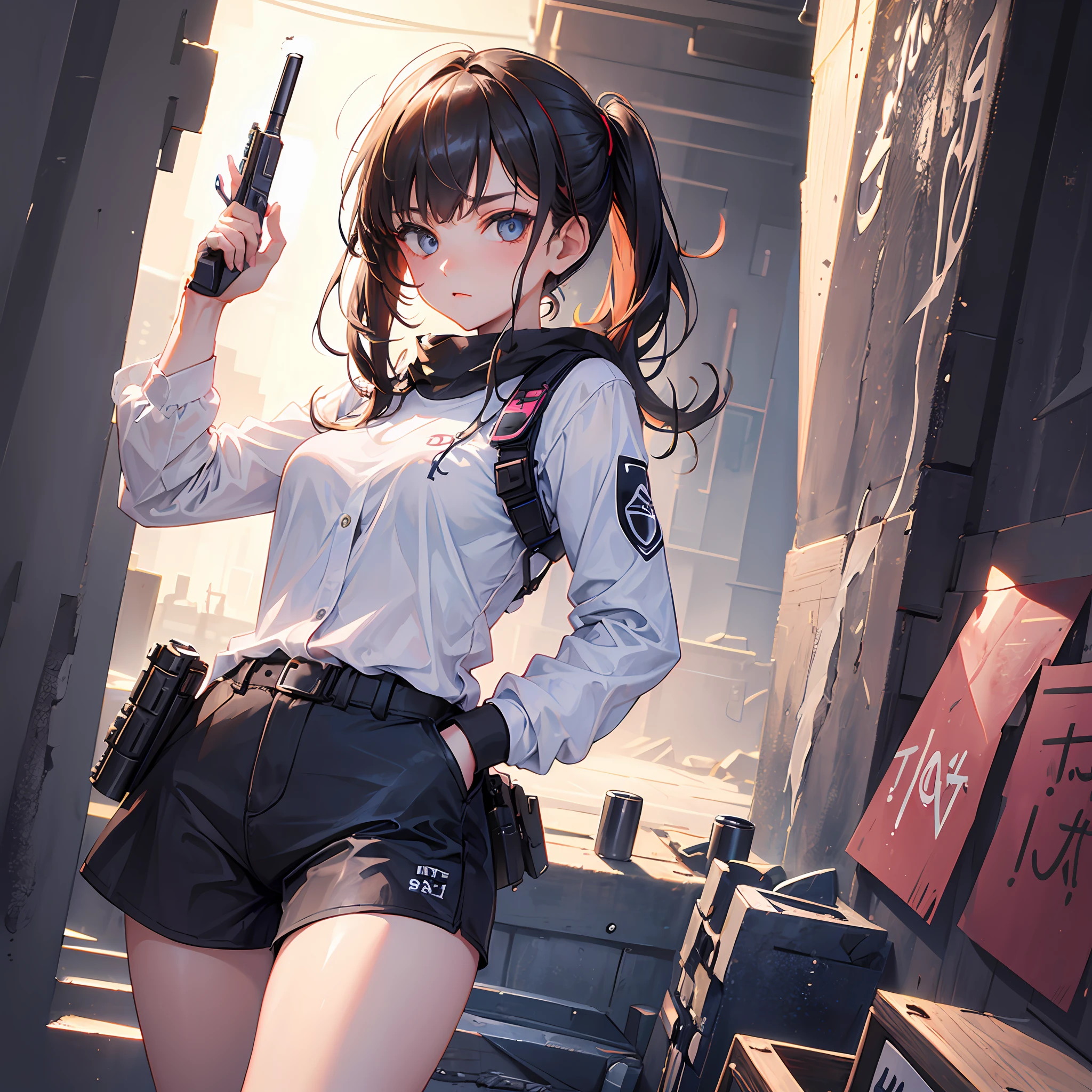 (1girl:1.3), holding a gun, pistol, Hold the Glock17 diagonally in front of the chest, Hold the barrel with your left hand, The fingers of the right hand are on the trigger