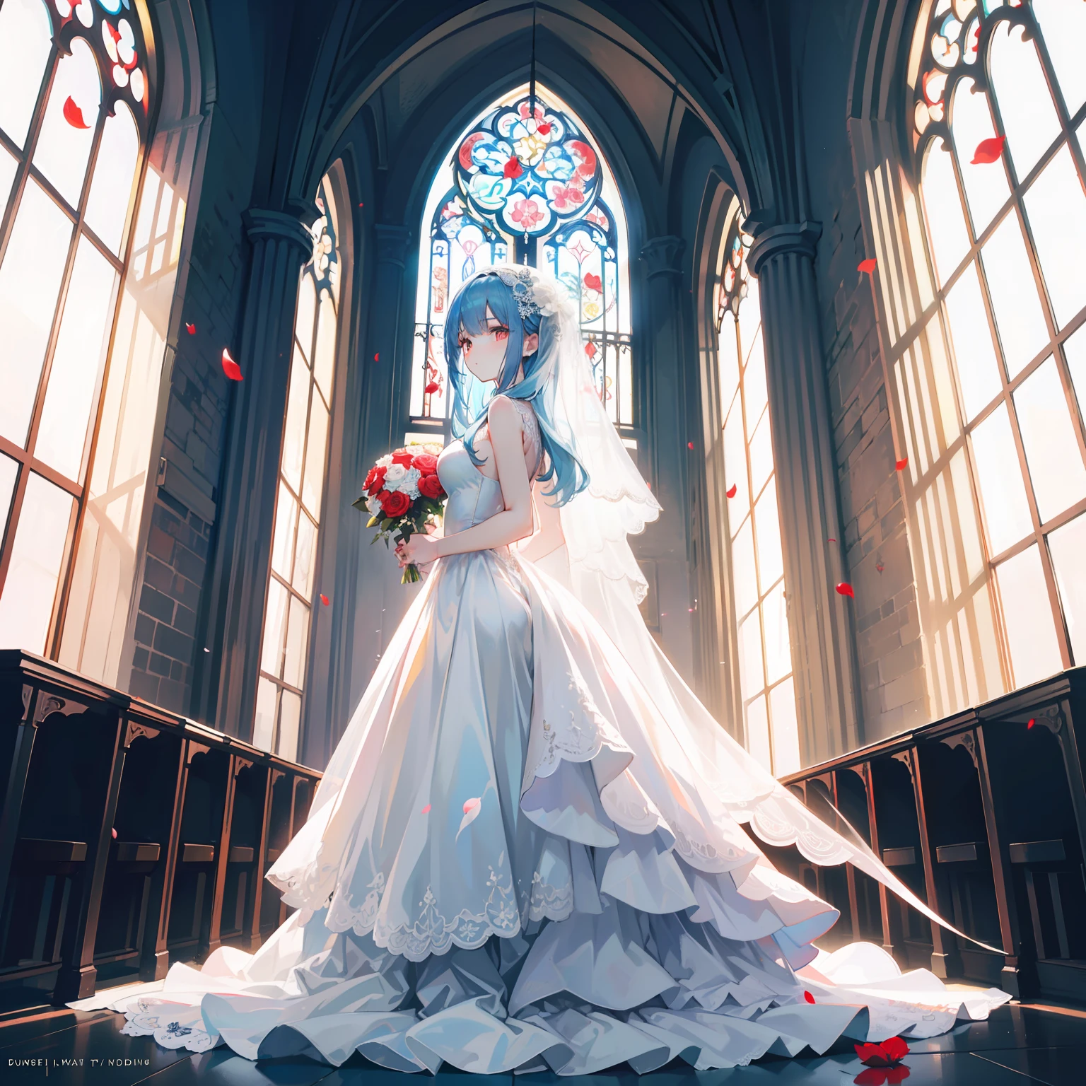 artistic photograph, Real light and shadow on a sunny day,autumnal,church,((silk Wedding Dress)),1 beautiful girl，Long view, full body,Lateral face，(((Long light blue hair))),Red eyes,(long hair),（Red petal），