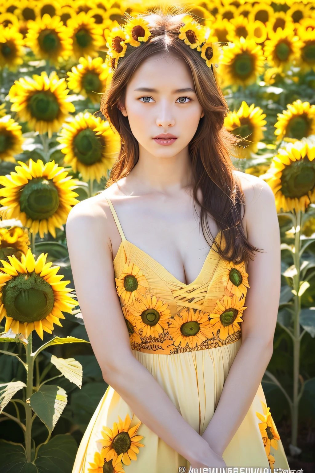 (8K、top-quality、masutepiece、超A high resolution:1.2) (Paul Rubens and Rebecca Guay's style:1.1) (Sunflower field in hot summer:1.4) Photos of beautiful Japan women、White dress