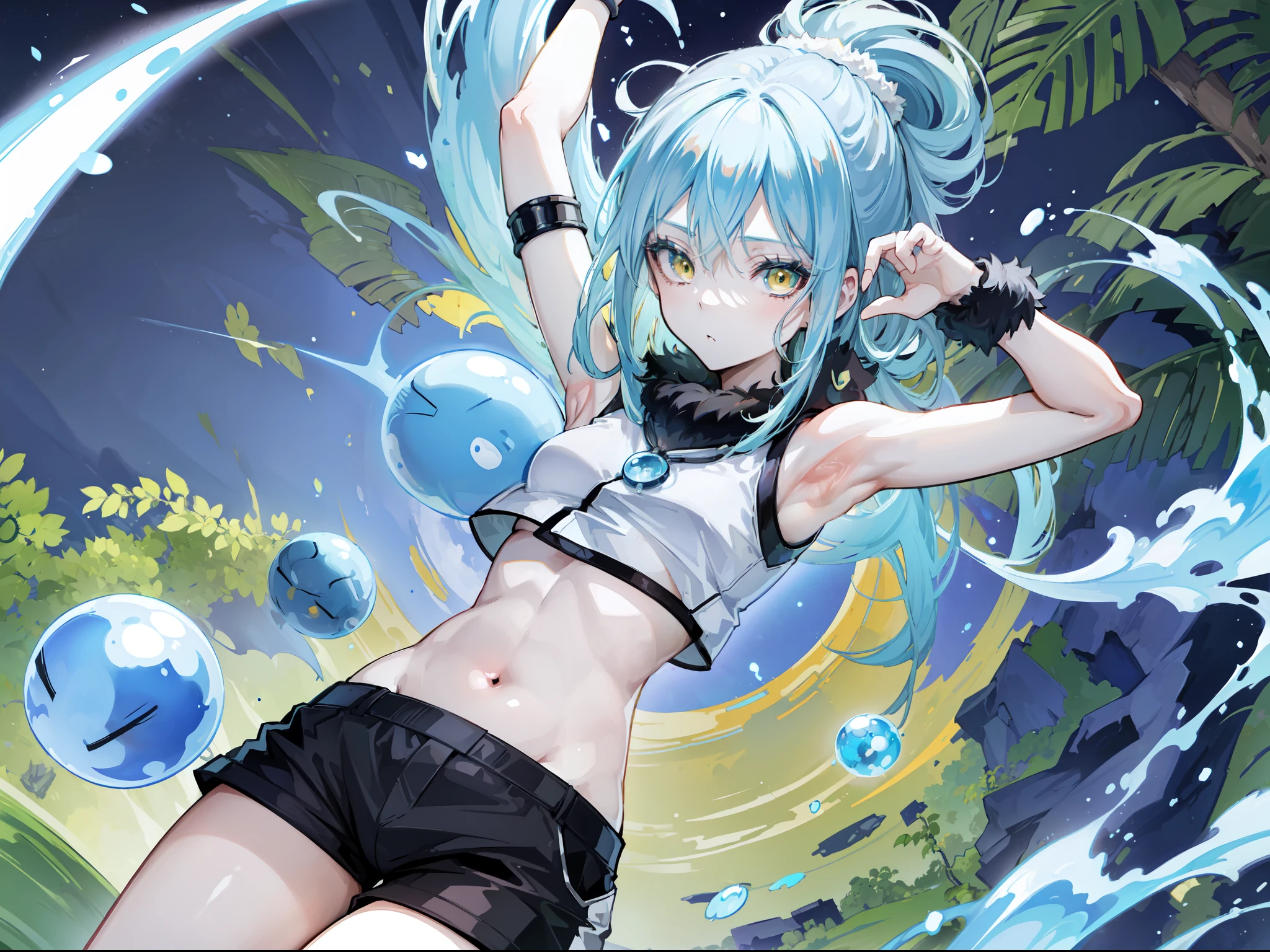 ((rimuru tempest, crop top, armpit, short pants, jungle, Her breasts are visible )), masterpiece, Top quality, Ultra high definition, Maximum resolution, Very detailed, Clean skin, Anime.