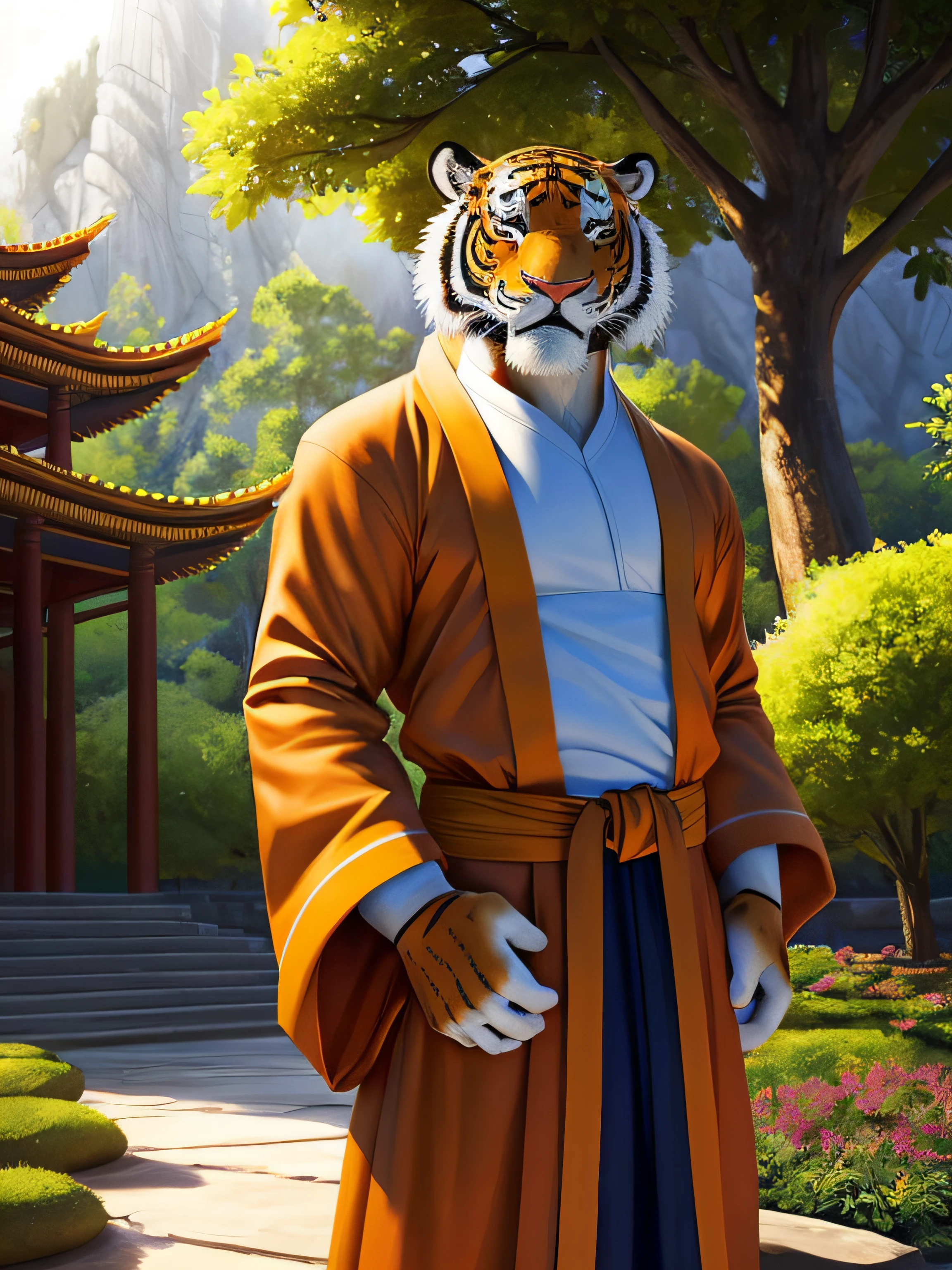 "A photorealistic portrait of a majestic tiger embodying the serene and disciplined essence of a Shaolin monk. El tigre debe ser representado en una pose meditativa, wearing traditional Shaolin monk robes with a distinctive tiger pattern. The tiger monk should exude a sense of inner peace and wisdom, with focused eyes and a compound expression. The background should be a quiet and secluded temple garden or misty mountain scenery, Establecer el tono para el tema espiritual. The lighting should be soft and natural, creando un ambiente armonioso. The camera shot should be an average shot, capturing the real presence of the tiger monk and the intricate details of his Shaolin robes. Resolution should be 8K or higher to show the finest textures of the tiger's fur and monk's attire.. El estilo de renderizado debe apuntar a un aspecto profesional y pulido, Adecuado para una obra de arte espiritual o un documental sobre la naturaleza. Artistic inspirations can be drawn from nature photographers and depictions of Shaolin monks in peaceful settings.. (((Tigre majestuoso))), (((serene Shaolin monk robes))), (((Peaceful temple garden))), (((Soft lighting))), (((Plano medio))), (((8K resolution))), (((Estilo de renderizado profesional))).»