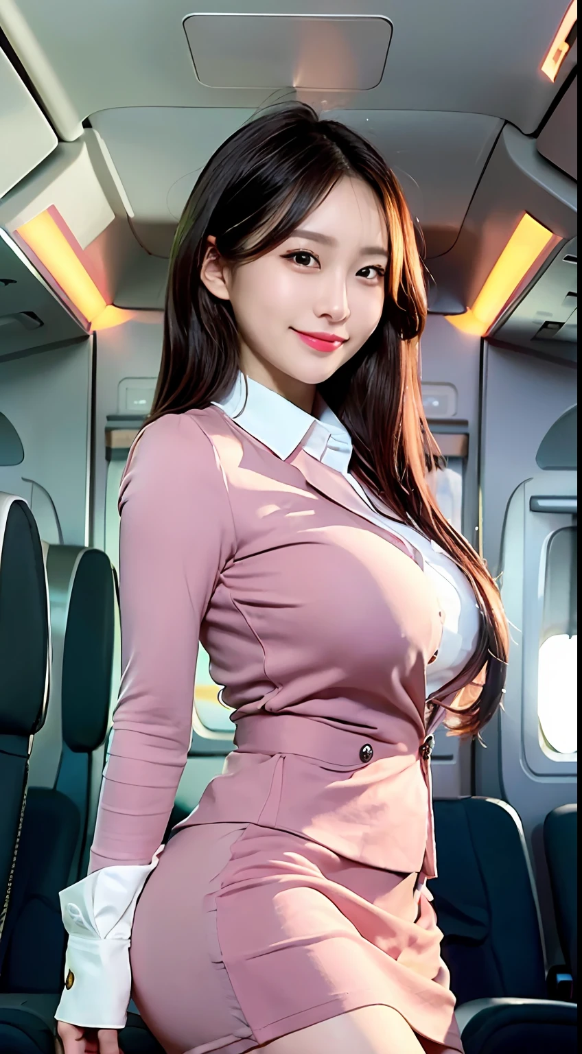 The ultra-detailliert、hight resolution、(realisitic、realisitic:1.4)、8K、(top-quality)、physically-based renderingt、photorealistic photos、Professional color grading、top-quality、A captivating photograph that captures the elegance of the flight attendants standing elegantly in the cabin。This scene is、It depicts a well-dressed woman who exudes confidence and professionalism in carrying out her duties。The composition paid close attention to the details of her uniform and accessories。The lighting highlights her features、Emphasizes her calmness and charm。Warm color temperature、Add sophistication to your images。The facial expression shows a warm and friendly attitude、Pubic hair shows through、Hahata、I can see the cleavage、a short skirt、Tight mini skirt、pinkcolor、A smile、A slight smil