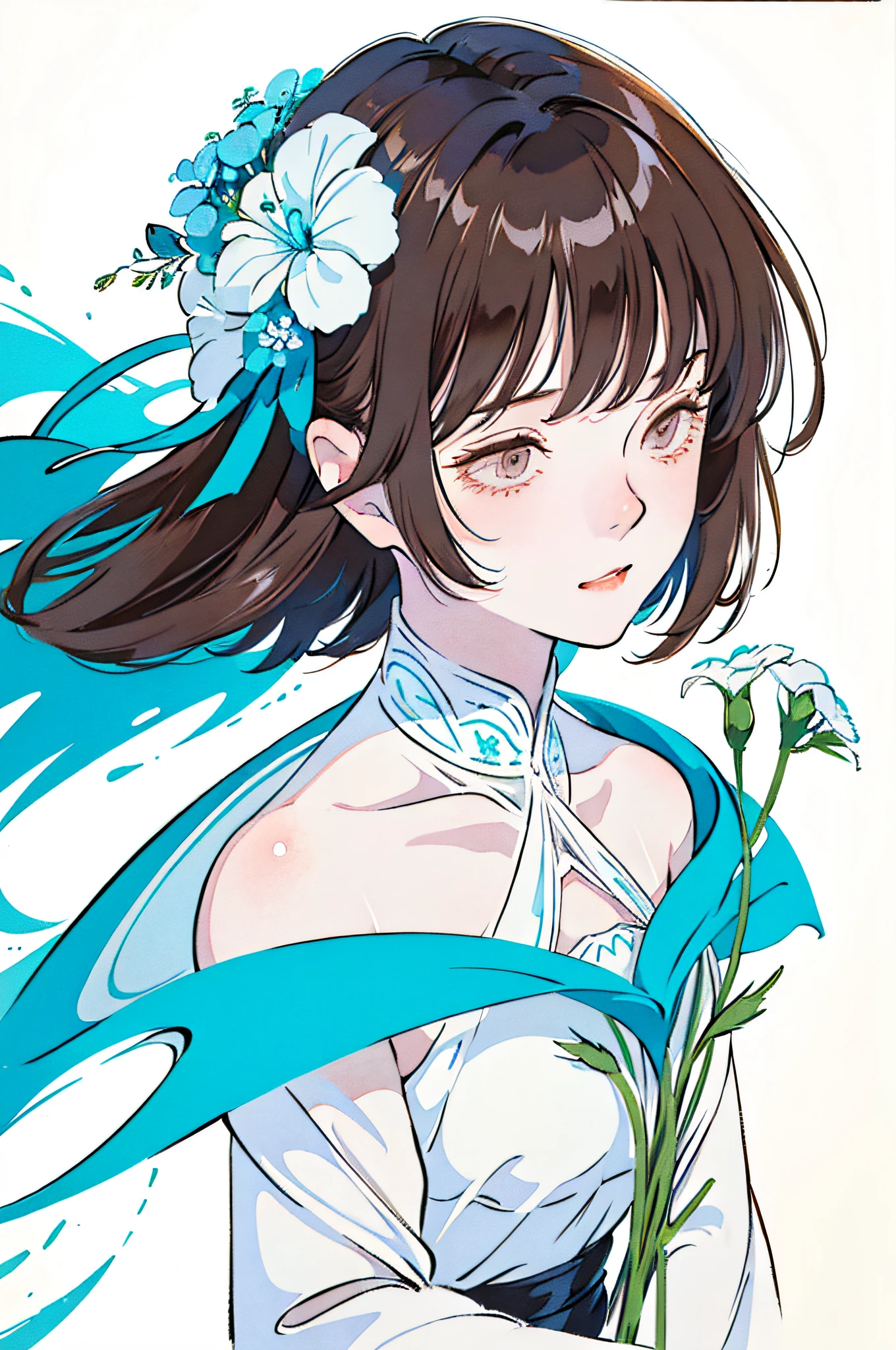 pale color, abstract, blurry, low contrast, top quality, masterpiece, beautiful illustration, simple background, best light, 1girl, solo, front, close up, light-brown hair, white skin, close eyes, long eyelashes, holding a bouquet of the nemophila,