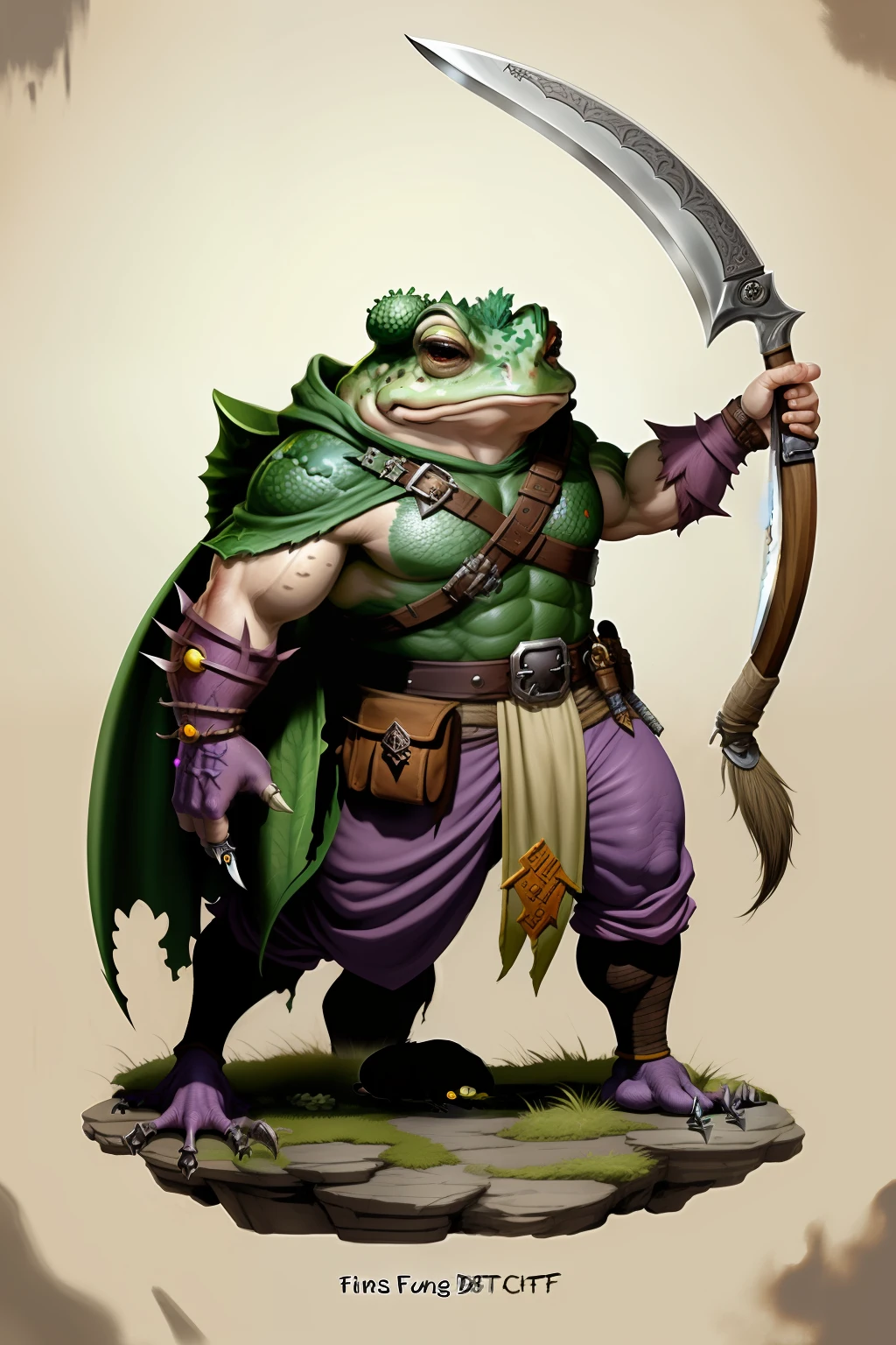 RPG concept art character, hyperdetailed fantasy character, Fantasy D&d character, complex fantasy character, D & D Фэнтезийный персонаж, The character is an aggressive toad, Pathfinder class, DND, in scaly clothes, full length, Fantasy, hunting bow , Deft, in a tracker costume, charismatic, in the hand of the Nurian hook, Male gender, There is a butt knife on the belt, Medium build, frontal view, Toad-like, Toad Man, froggy