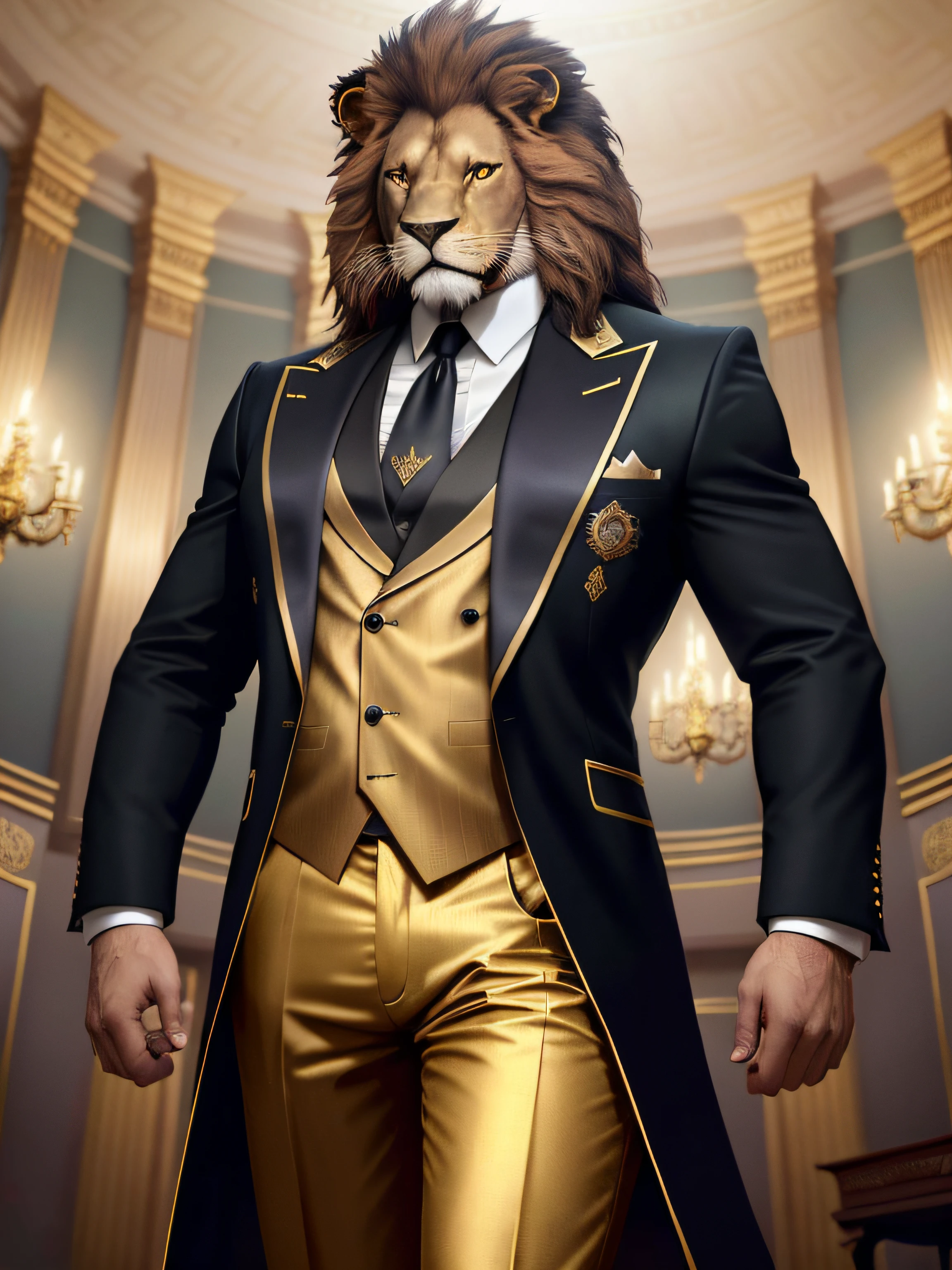 "A photorealistic depiction of a powerful and sinister lion with a tortuous political aura. The lion should be portrayed as a cunning and manipulative figure, Dressed in a sharp and majestic politician's attire. The lion's expression should exude arrogance and cruelty. The background must be a grandiose and opulent political scenario., with symbols of power and influence. The lighting should be dramatic, Casting shadows that add to the lion's ominous presence. The camera shot should be an average shot, Capture the lion's imposing posture and the fine details of your politician's outfit. Resolution should be 8K or higher to show the intricate textures of the lion's coat and ornate elements of their outfit.. El estilo de renderizado debe apuntar a un aspecto profesional y pulido, similar to a political campaign poster or a propaganda artwork. Artistic inspirations can be drawn from political illustrations and photographs of powerful political figures.. (((Mighty sinister lion))), (((Attire politician attire))), (((Opulent political environment))), (((Dramatic lighting))), (((Plano medio))), (((8K resolution))), (((Estilo de renderizado profesional))).»