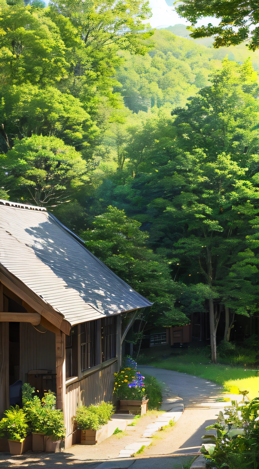 Large clouds、blue-sky、ln the forest,A gentle breeze blows the leaves,evening light,hillside,Quiet,Rustic,Wooden house,high definition detail、Hyper-detailing、cinematic ligh、ultra-realistic realism、Soft light、Deep field focus bokeh、Ray tracing and surrealism。 --v6