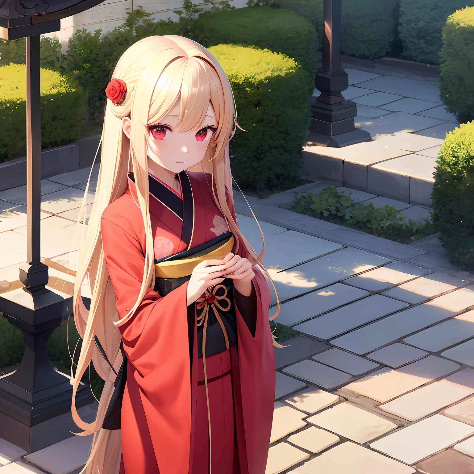 Long Blonde Hair、red eyes、One pretty girl、独奏、animesque、Black kimono、rose garden、Cold expression
