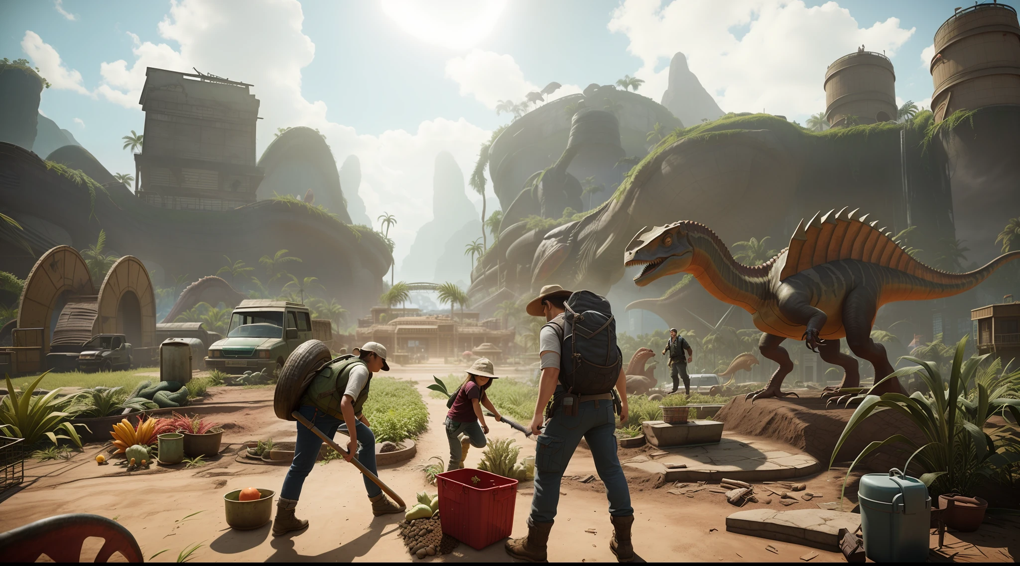 Many people stand in the abandoned Jurassic Park, The male protagonist+The heroine and the shoveled the ground together,The dinosaur on the right carries vegetables/the fruits(There are baskets),The dinosaur on the left is irrigating。The middle view is a three-column vegetable patch,On the far left is the chicken farm,The vista is a semi-damaged dinosaur amusement park。morningglow,Bright tones。, trending on unreal engine 5, ark survival, summer unreal engine 5, made in unreal engine 5, Ruins of the City of the Fallen Kingdom, cinematic unreal engine 5, Unreal Engine 5 renderer, Post apocalyptic scenario, gameplay still, ark survival evolved, unreal engine 5 hdr