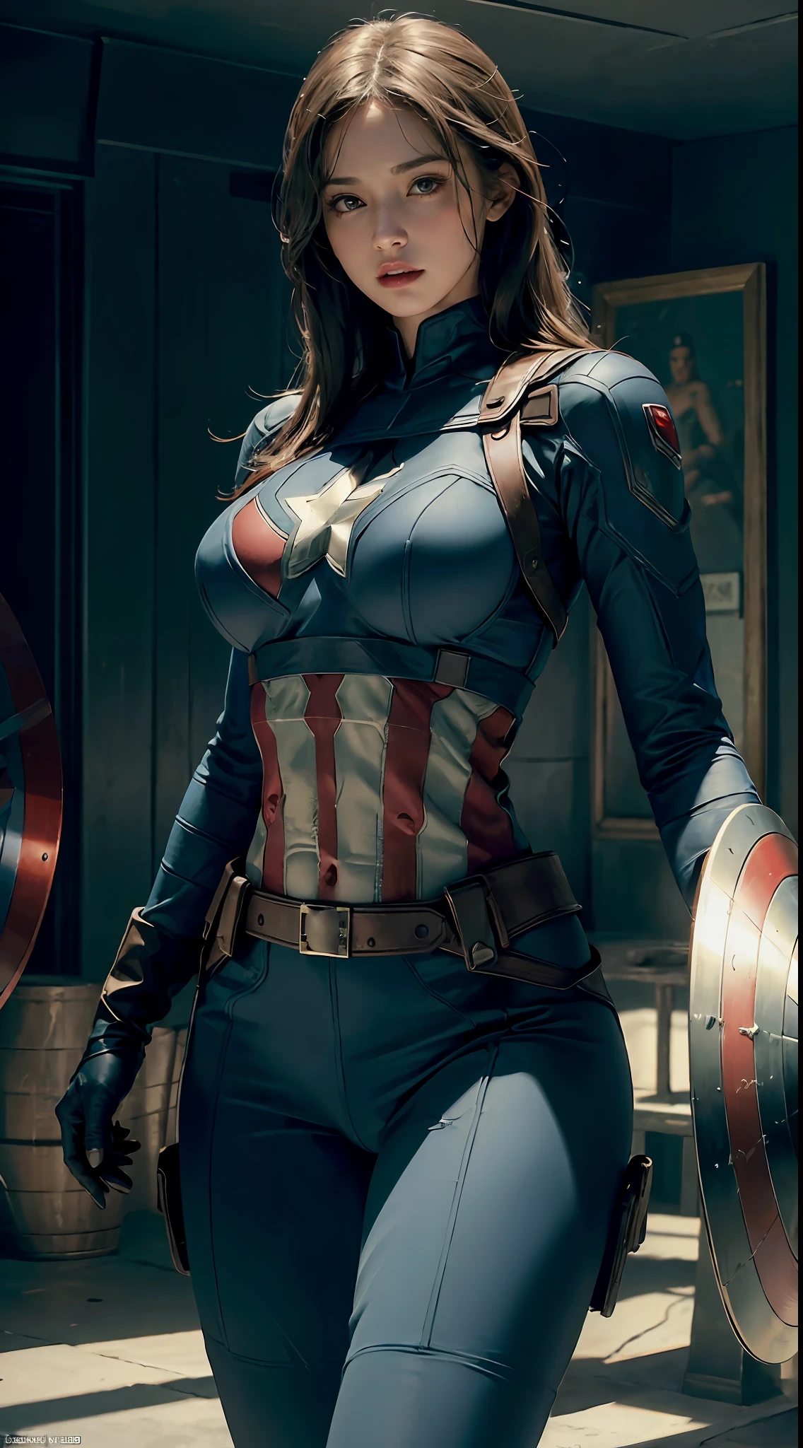 naked sexy woman (tetas grandes) dressed as Captain America from Marvel Comics, In the fortress of loneliness, Looks cool, (ultra realistis), (illustartion), (High Resolution), (8K), (Very detailed), (Best illustration), (Best Quality), (Ultra Detailed), (Masterpiece), 独奏, (dynamicpose), dark studio