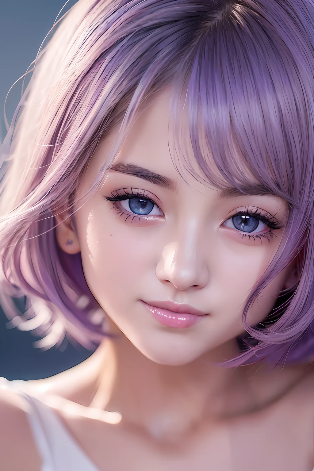 animesque、anime styled、Speciality、Moisturized eyes、Beautiful detailed eyes, (Short hair:1.2), (8K, Best Quality, masutepiece:1.2), (Realistic, Photorealsitic:1.37), Ultra-detailed, a closeup、portraitures、1 girl, Cute, purple color hair、Solo, (nose blush),(Smile:1.15),