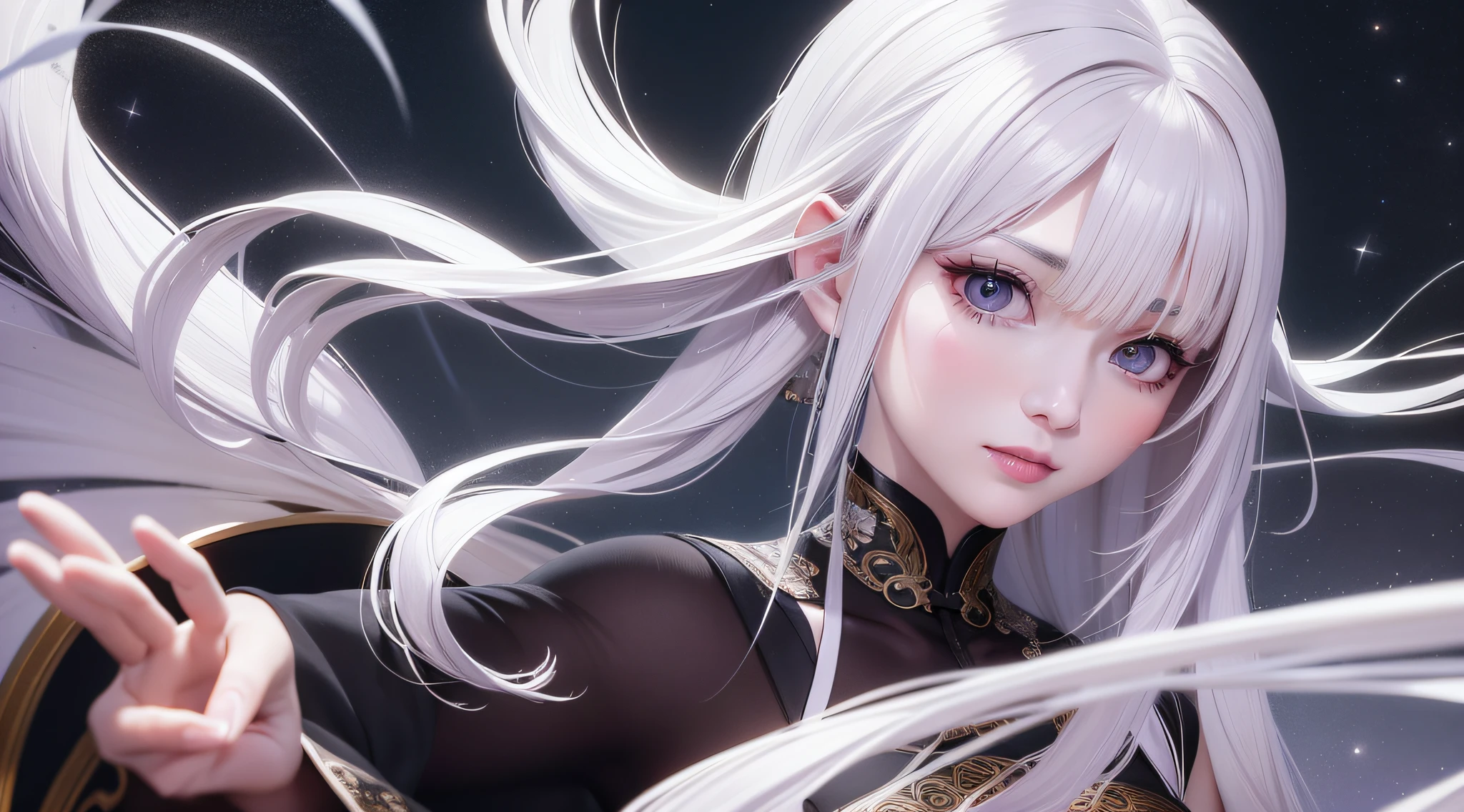 8K, Masterpiece, Best quality, Night, full moon, 1 girl, Chinese style, Chinese architecture, Mature woman, sister, Silver white long haired woman, Long hair, Light pink lips, calm, logical, bangs, Gray pupils, assassins, Fan, Knife fan, petal dancing, Delicate face,