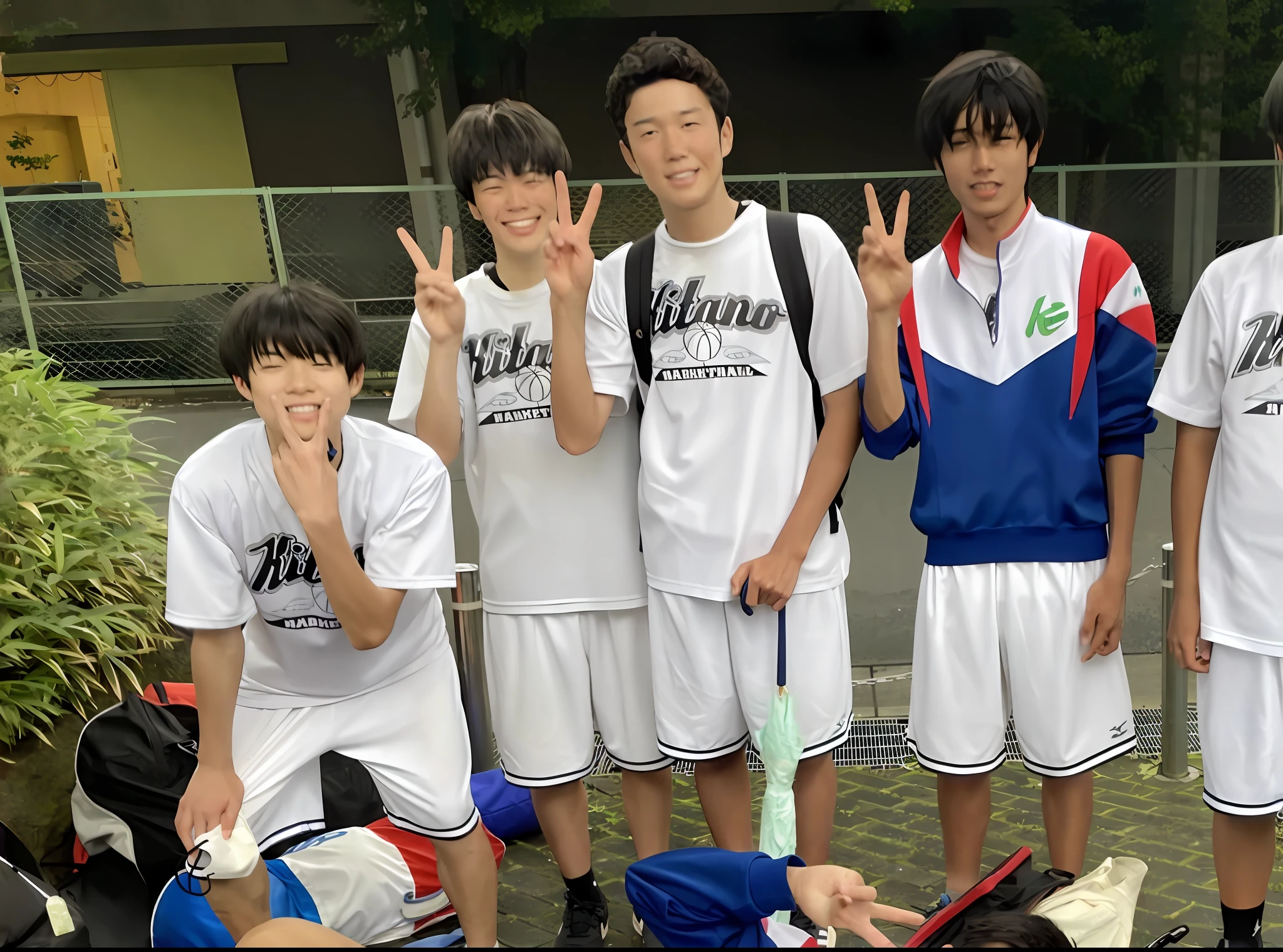 Several young men posing for photo with hands raised, in Tokyo under, japanese high school, Wearing school bus get ball uniform, Happy!!!, 8K)), 8K!, taken in 2022, wining, 🚿🗝📝, SSAO 8 K, photograph taken in 2 0 2 0, taken in 2 0 2 0, For AAA Gaming