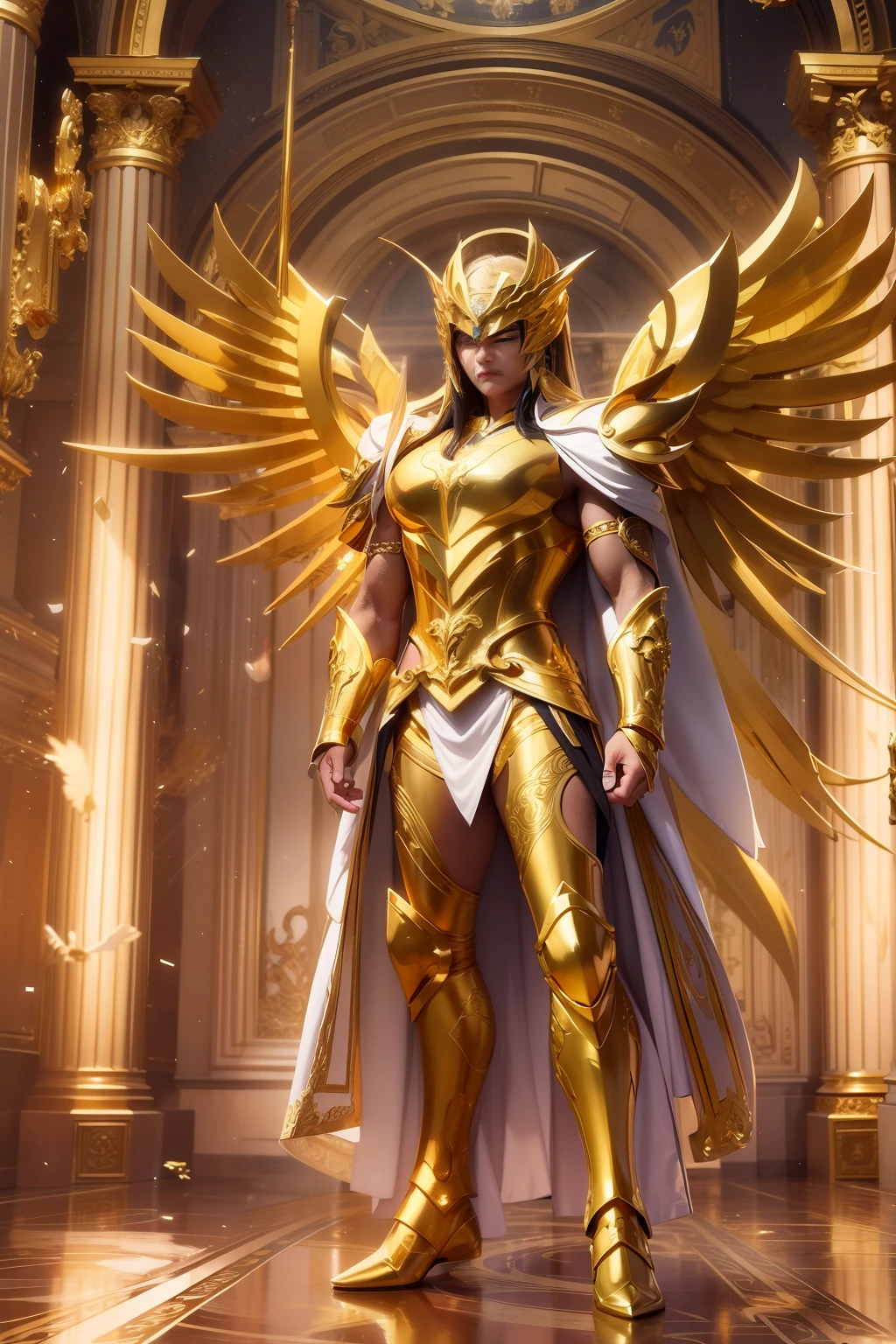 Gold Saint Seiya,Golden full body robes,largeeyes,tmasterpiece,Majestic scene,ornate backdrop,offcial art, Unity 8k wallpaper, Ultra detailed, Beautiful and aesthetic, Masterpiece, Best quality, Photorealistic,Sportsman,lineworks,muscline,holy sword,Eagle helmet
