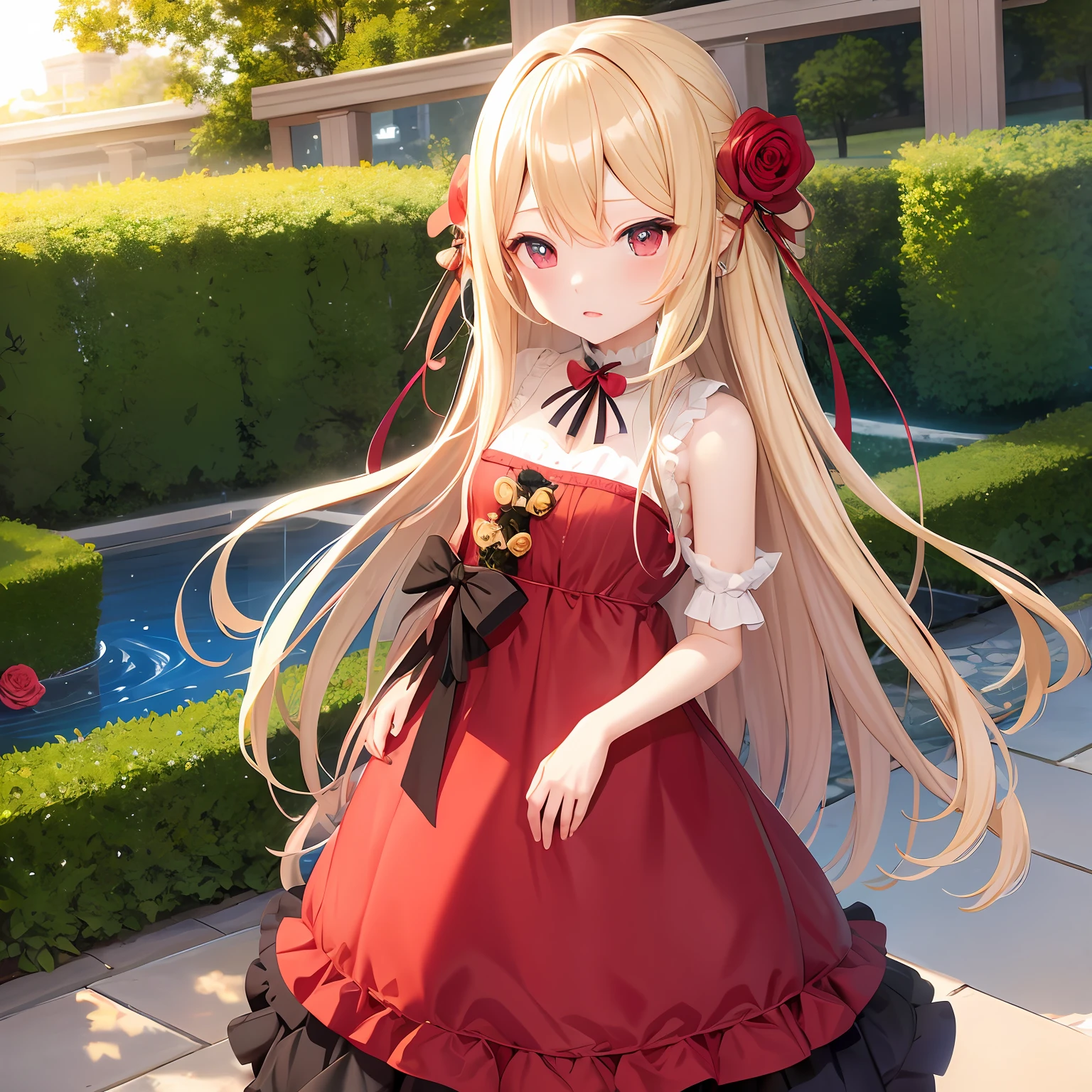 Long Blonde Hair、red eyes、One pretty girl、独奏、animesque、a blue dress、rose garden、Cold expression