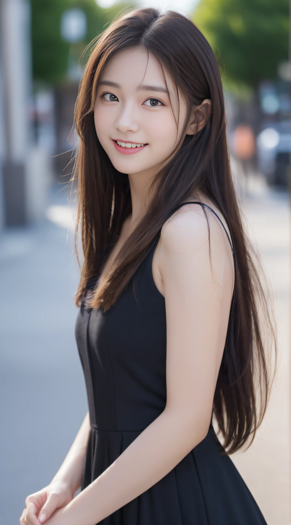 ((Best quality, 8k, Masterpiece :1.3)), 1girl, smiling, full body, slim face, Pretty woman, (Dark brown hair), full length dress :1.1, Ultra-detailed face, Detailed eyes, Double eyelid, blur background, slim face, city, outside, street,