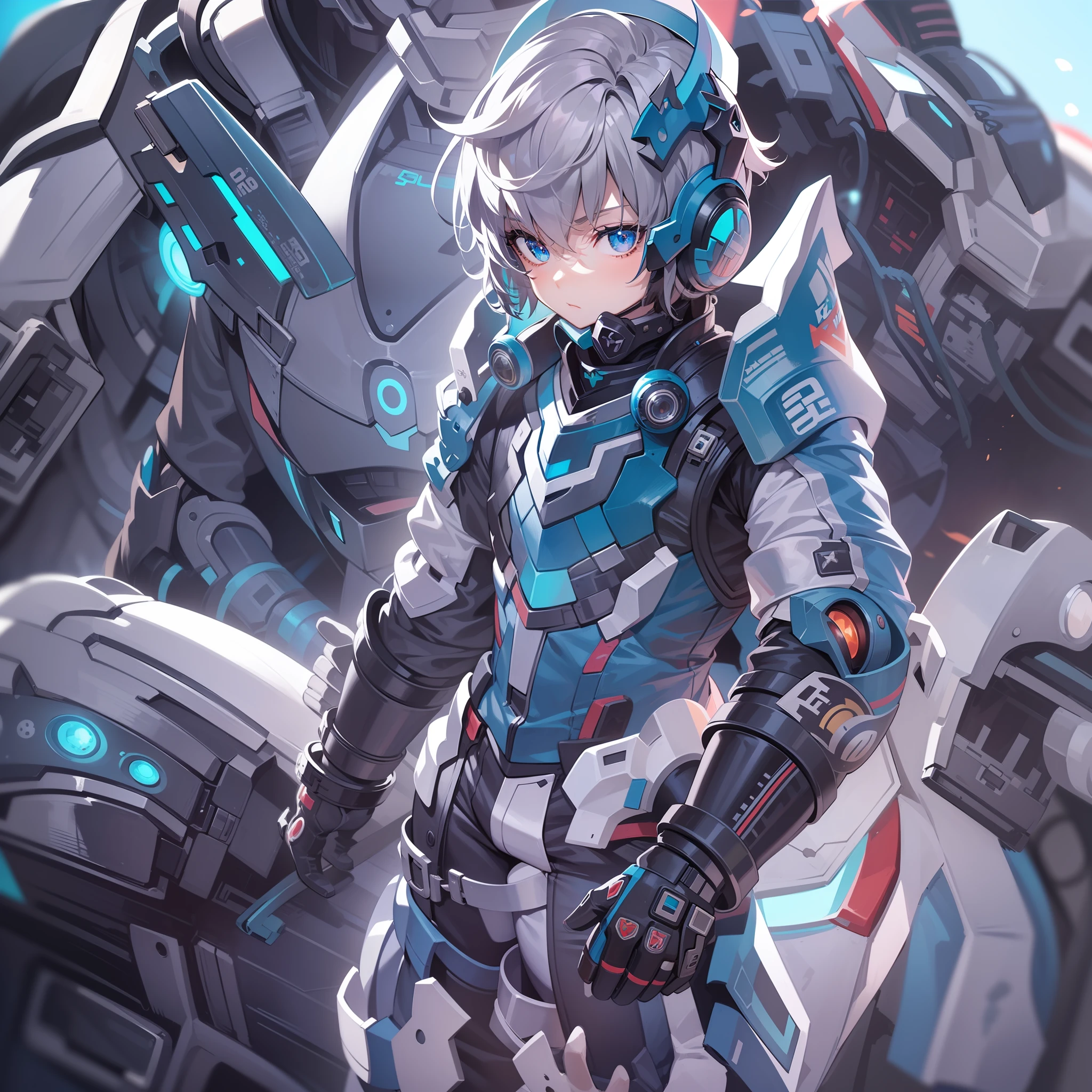 Game CG，8K quality，((younge boy))，Sense of childhood，Anime male protagonist，Mecha simple lens helmet，Serious eyes，Silver-blue dye，mechasuit，Armoured gloves，Racing boots，commando，Light effects，Full body like，Look into the distance，Single