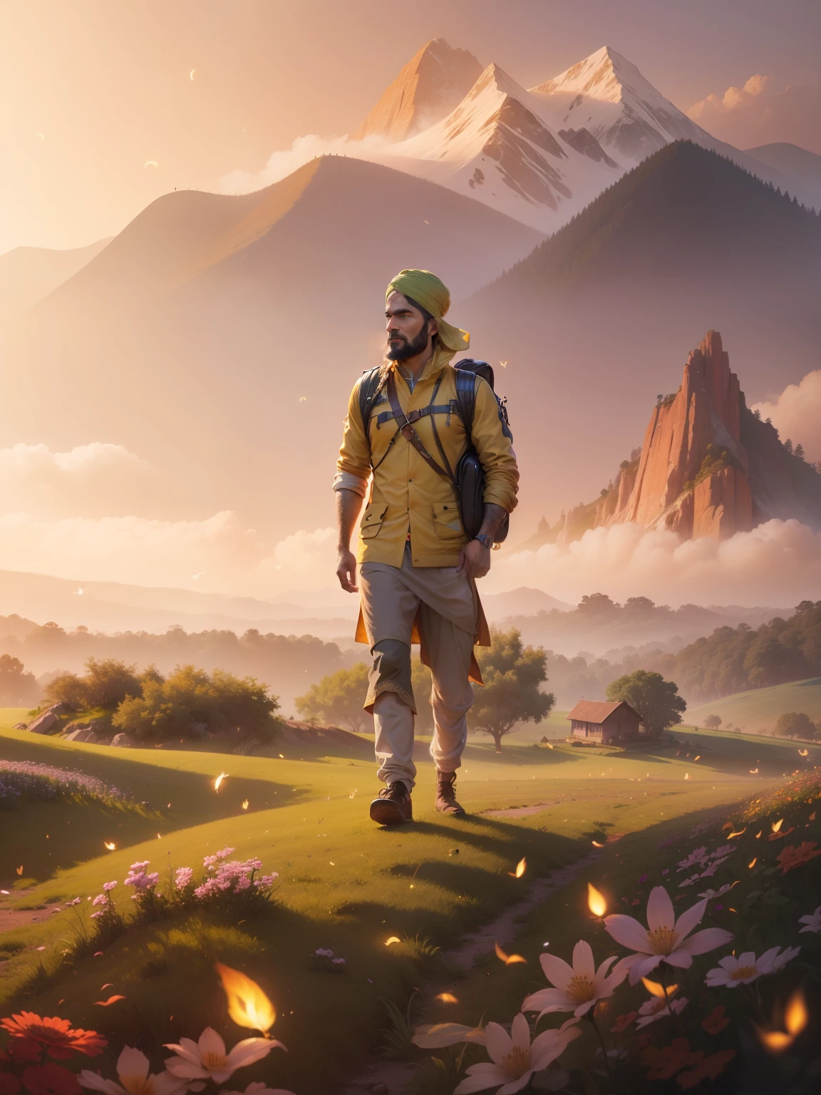 Beautiful hill and nature background of India, realistic face, 8K, fire flies around