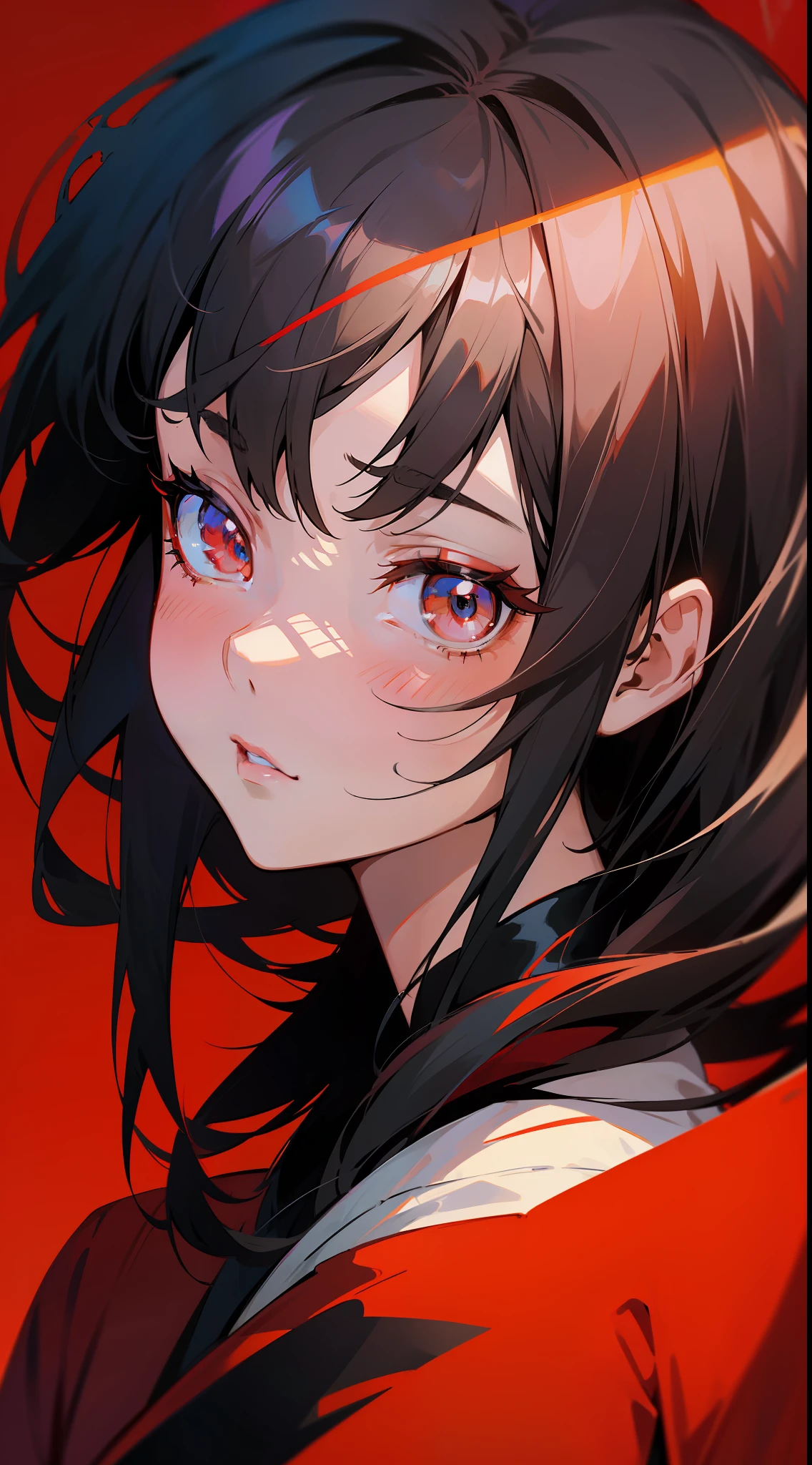 Anime girl with black hairstyle and red background, Guviz, Guviz-style artwork, a beautiful anime portrait, Stunning anime face portrait, detailed portrait of an anime girl, Beautiful character painting, Portrait of an anime girl, Beautiful anime woman, Beautiful anime girl, portrait anime girl, guweiz masterpiece, Japanese art style, anime woman