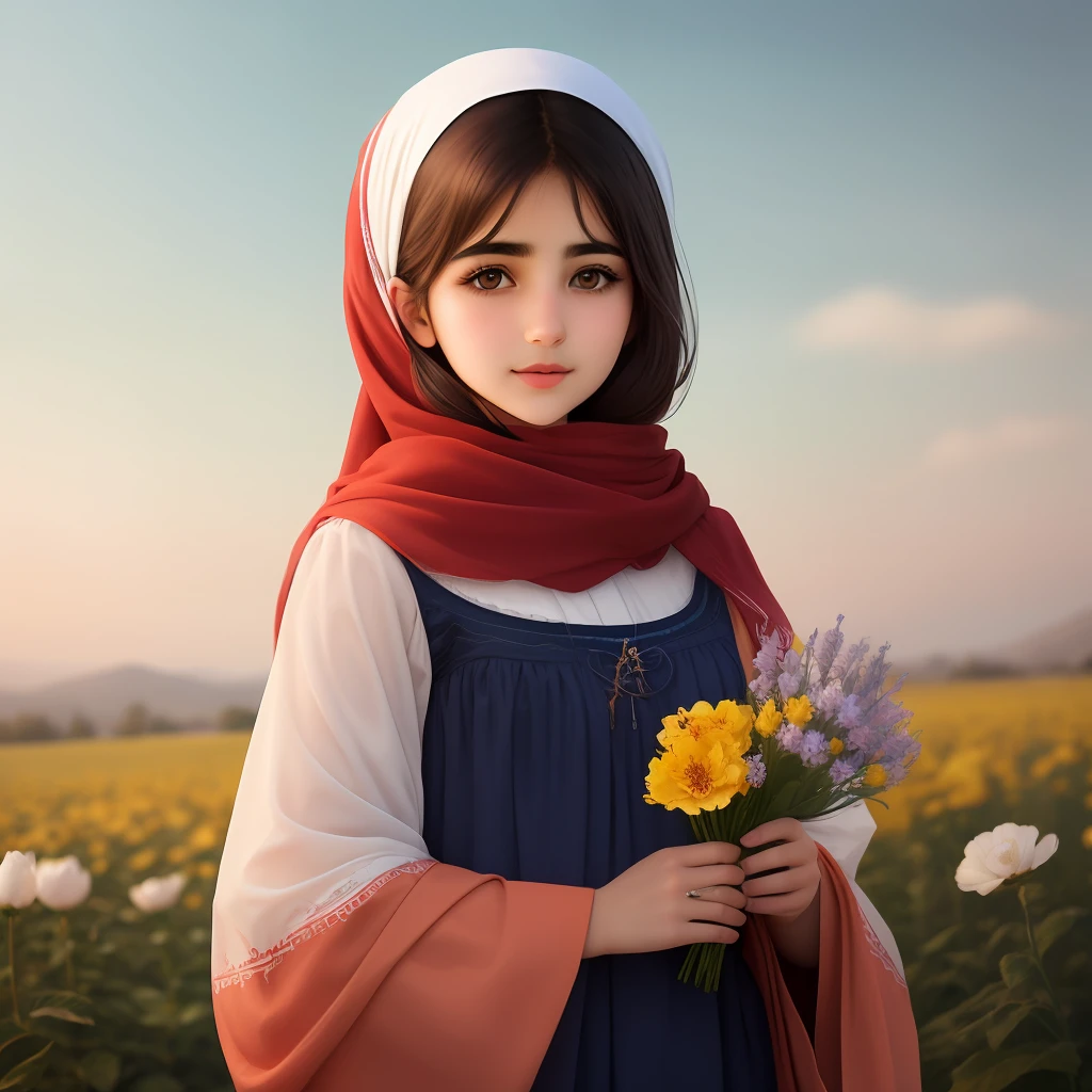 Iranian girl that have three flower in her hand