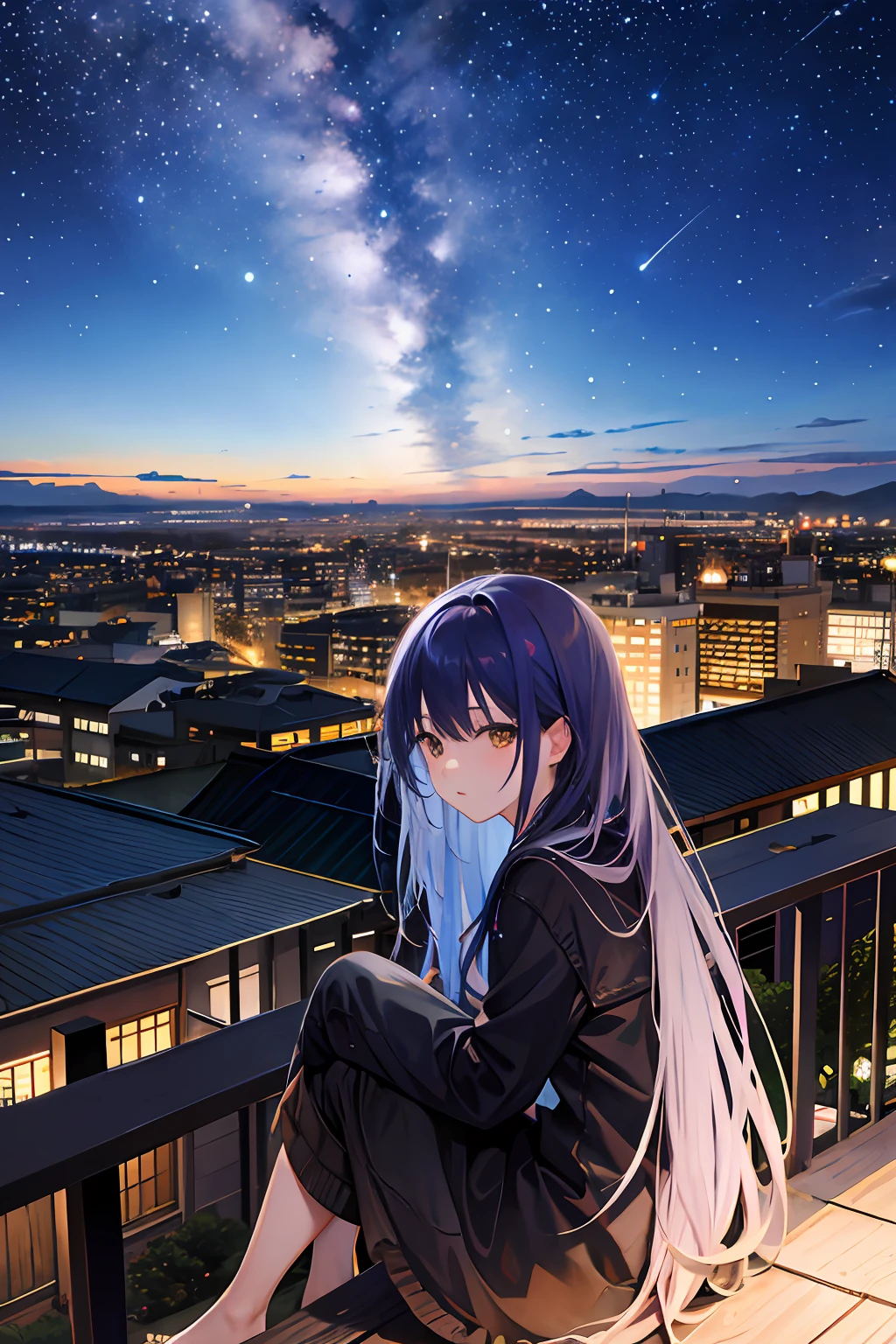 octans, sky, star (sky), scenery, starry sky, night, 1girl, night sky, solo, outdoors, building, cloud, milky way, sitting, tree, long hair, city, silhouette, cityscape