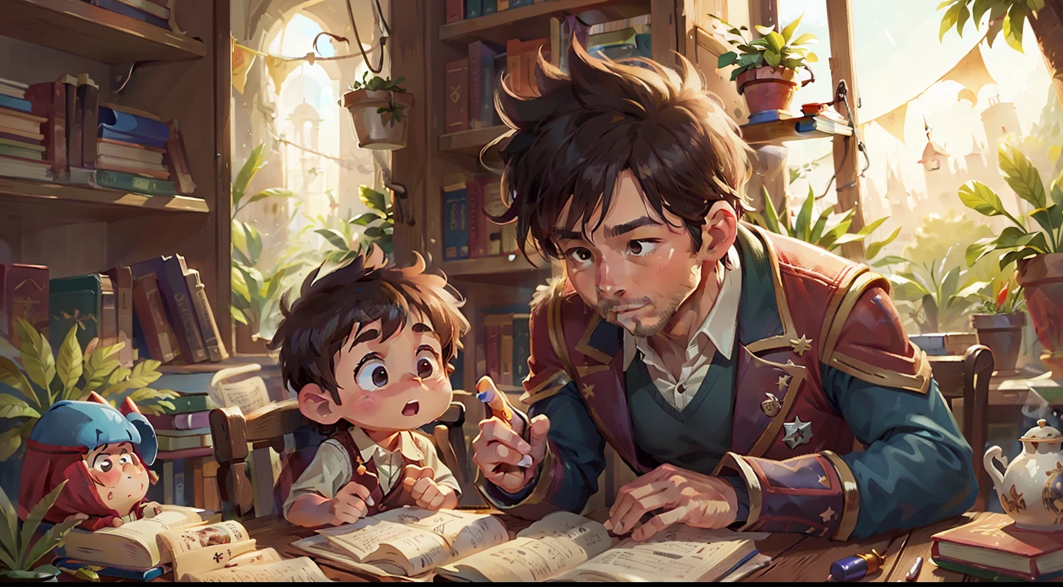a gaint book,  magic world, father and son