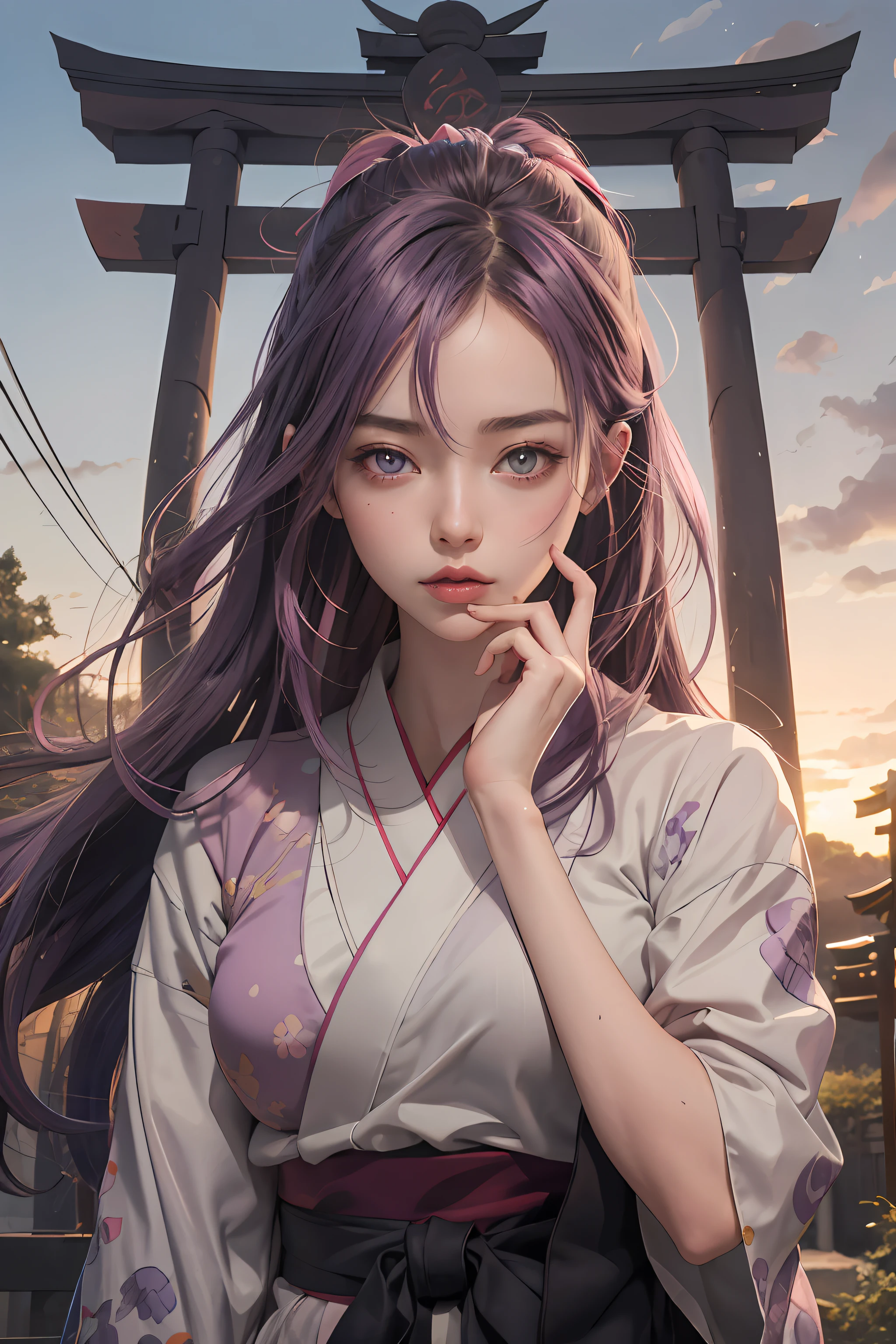 anime girl with beautiful eyes, brown purple pupils, holding a katana, gently blushing with alluring lip gloss, mysterious, swag and chic girl, anime girl, lofi girl, in style of digital illustration, aesthetic cute with flutter, soda themed girl, in an anime style, lofi portrait - girl with purple hair and wearing traditional Japanese costume, futuristic, with japanese torii gate as background, Japanese shrine gate, purple pastel atmosphere, spiritual forest garden, sunset, dusk, beautiful, romantic, colourful, detailed, AI art, powerful, digital art, futuristic scene, anime art, anime portrait, torii gate with vibrant red in the middle of the garden, holding katana with her hand in the middle, hands down