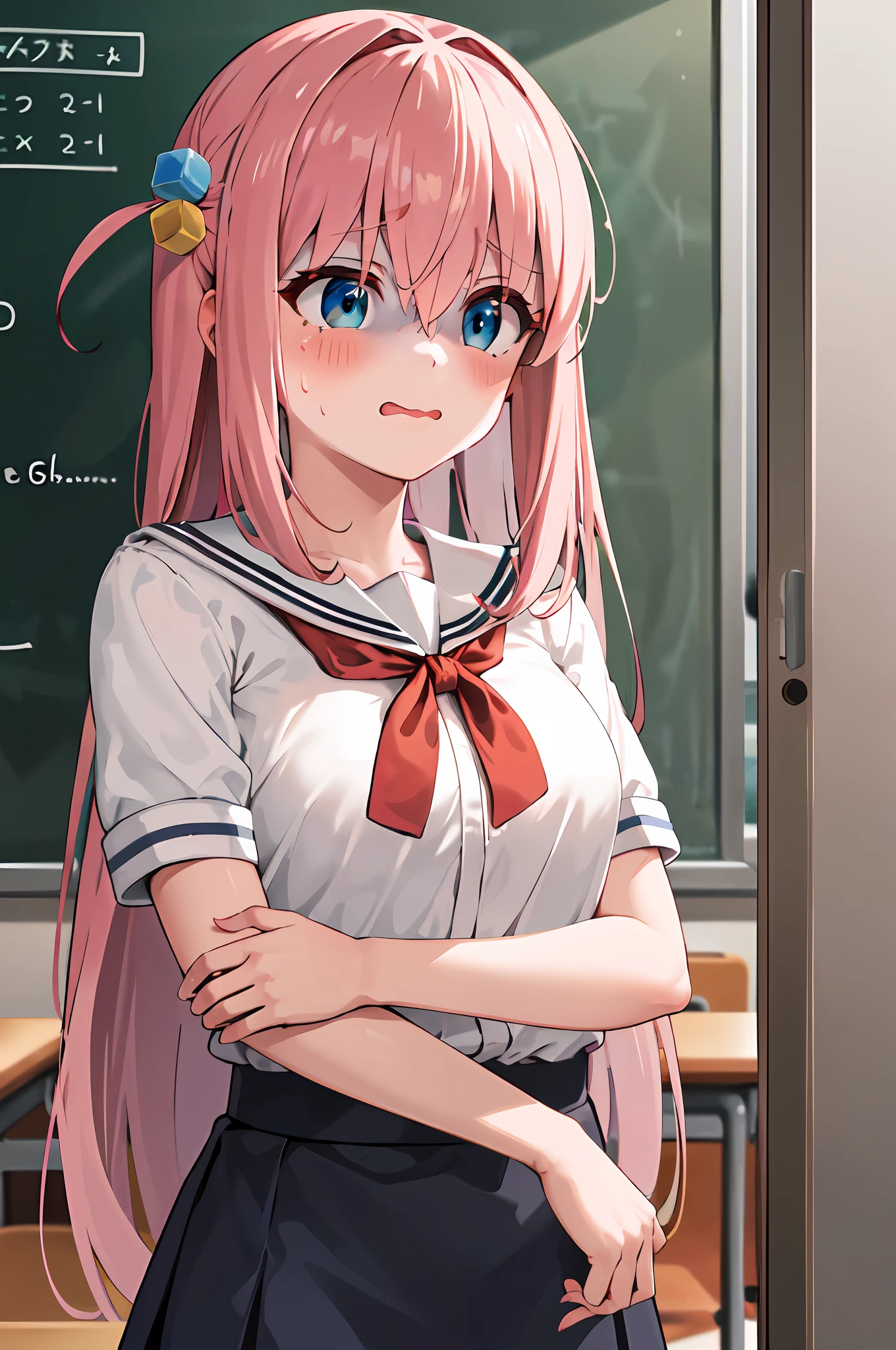 masterpiece, best quality, highres, gotou1, gotou hitori, solo, skirt, uniform, classroom, sailor collar, bangs, hair between eyes, (shaded face:1.4), wavy_mouth, closesd_mouth, upper_body, standing, embarrassed, surprised, sweatdrop