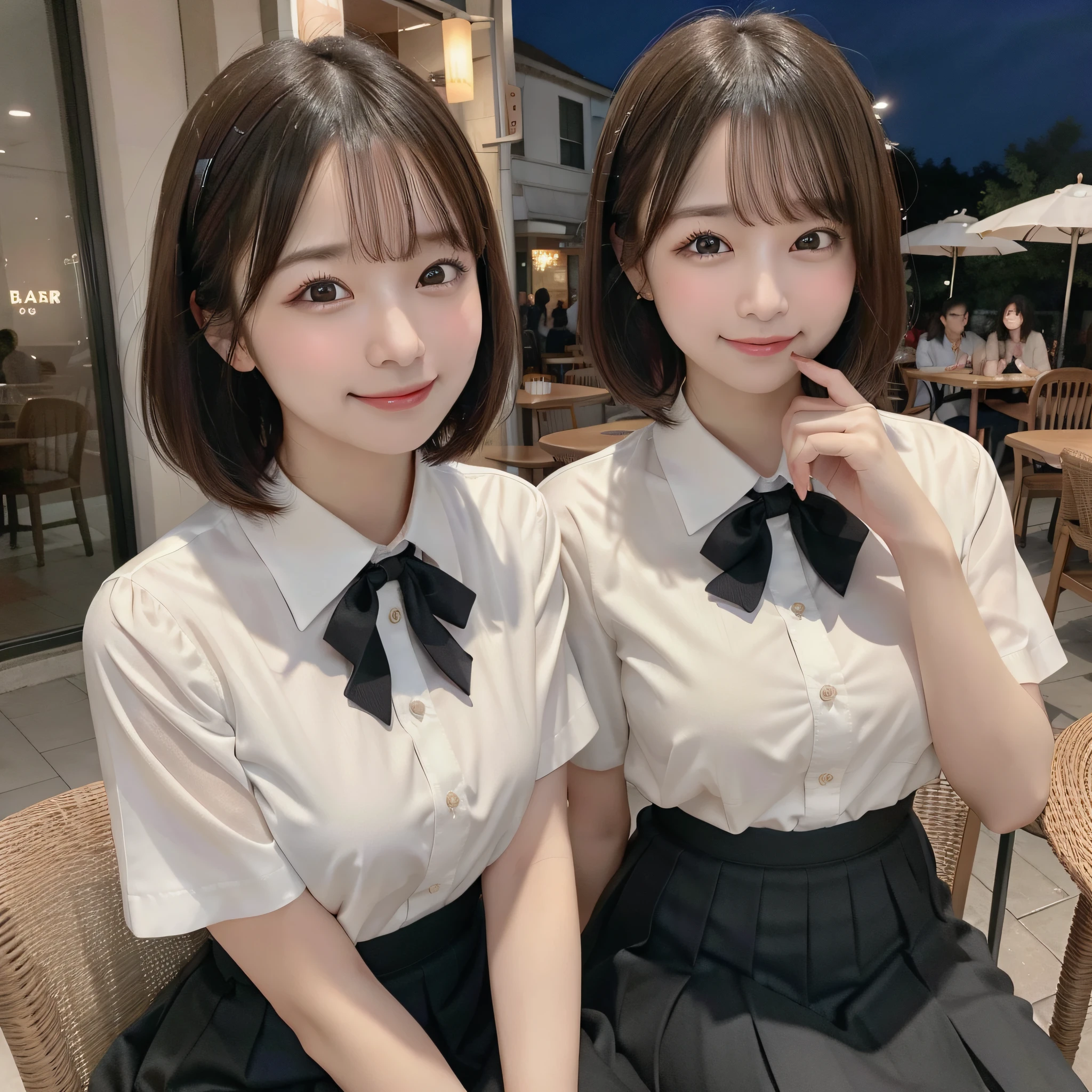 (8k, RAW photo, best quality, masterpiece: 1.2), (realistic, photo-realistic: 1.37), ultra-detailed, 1 girl, beautiful, solo, beautiful detailed sky, detailed coffee, night, sitting, (flushed nose), (smile: 1.1), (mouth closed), medium , beautiful detailed eyes, (collared shirt: 1.1), bow tie, pleated skirt, (short hair: 1.2), long hair, taking big ice cream,