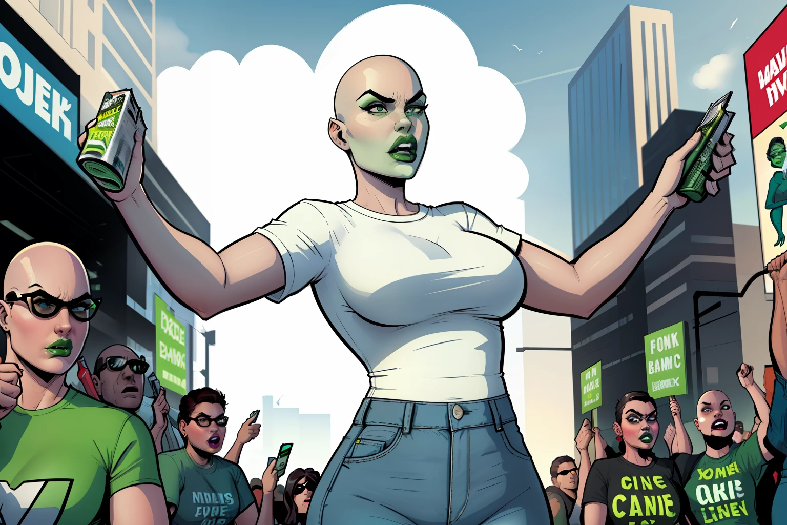 woman, fat, bald, green lipstick, wearing a white tshirt, denim pants, angry expressions, confronting, crowd, counter protest, city, daytime, comic book style, flat shaded, prominent comic book outline linework