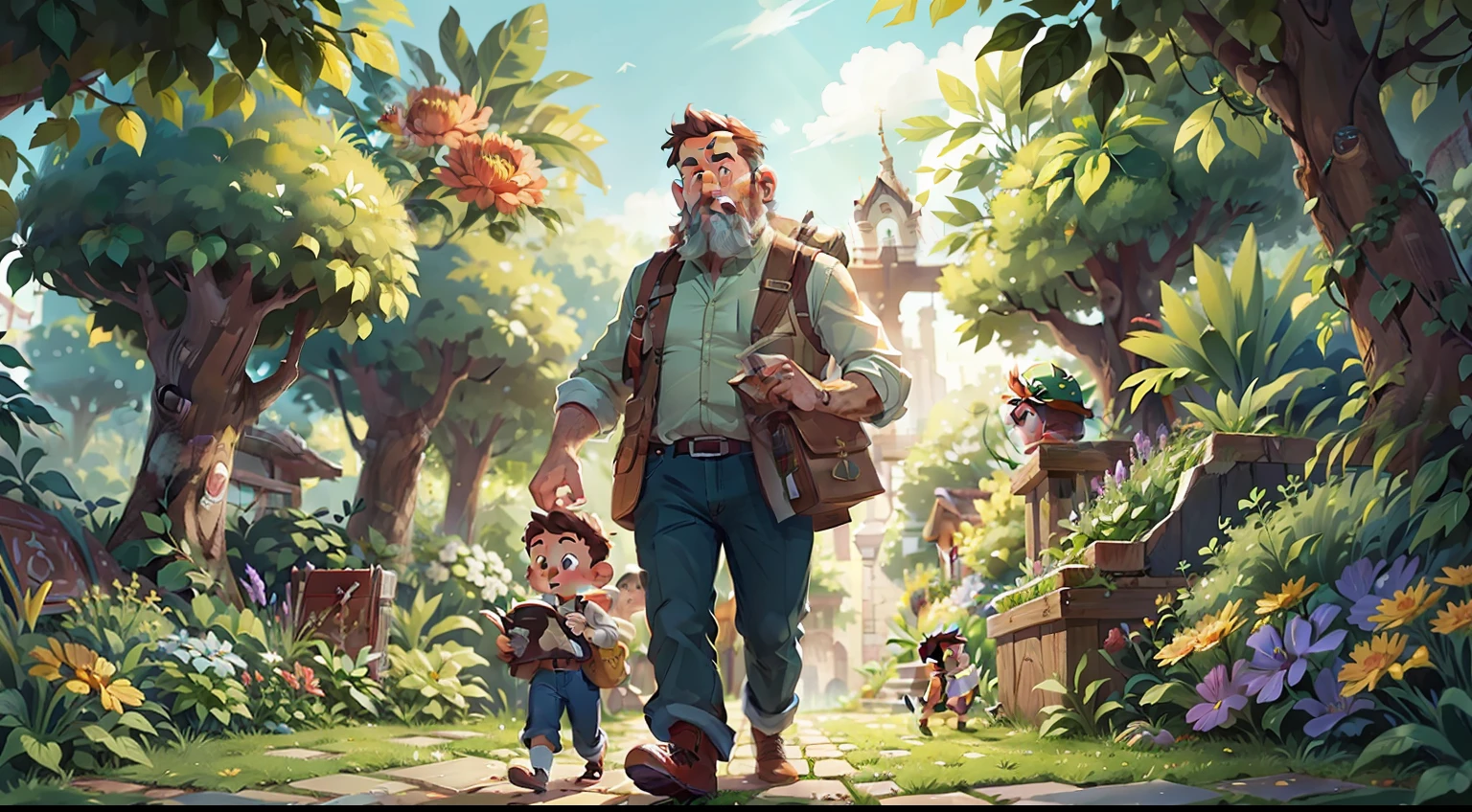 a giant book, father and son walking on the giant book, a beautiful garden