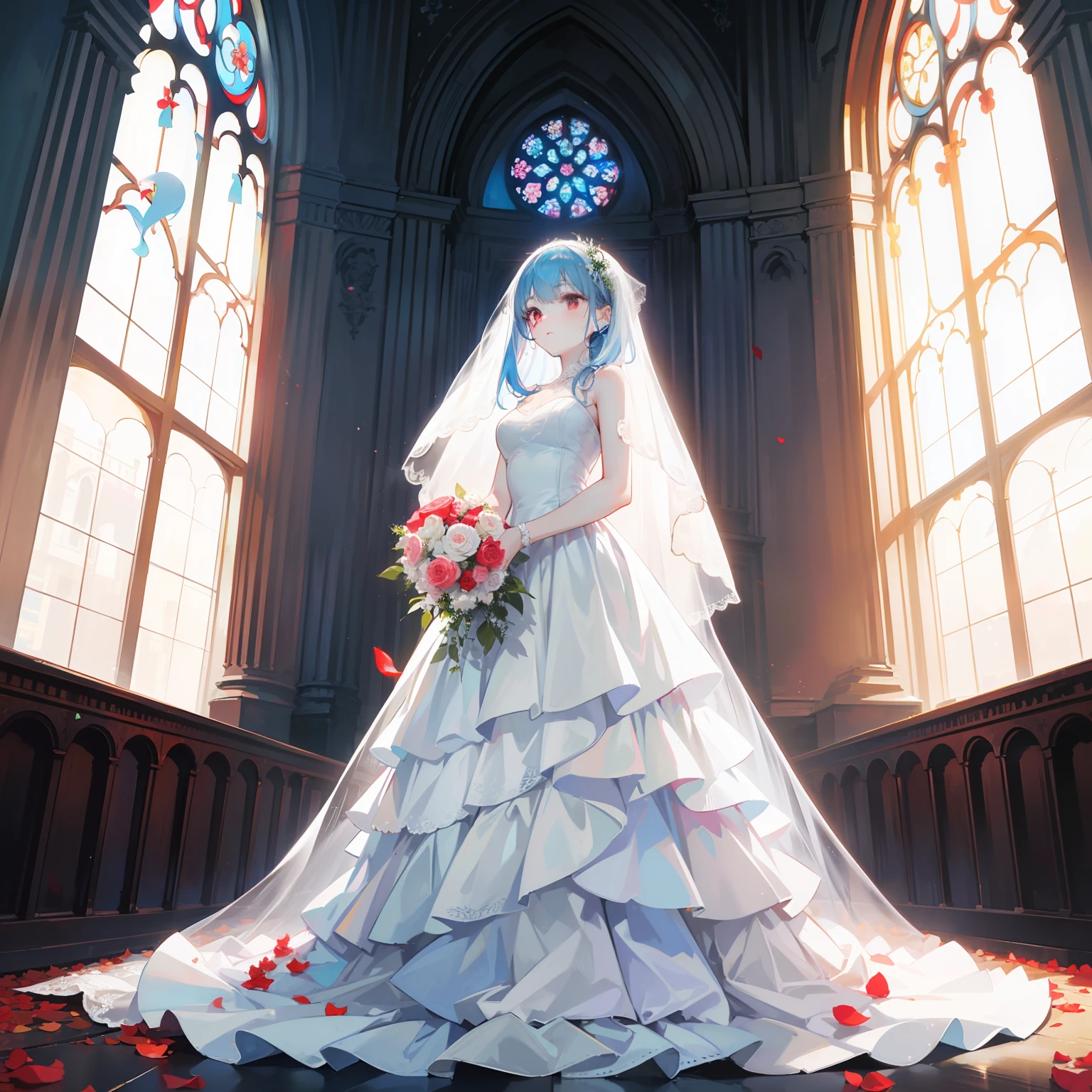 artistic photograph, Real light and shadow on a sunny day,autumnal,church,((silk Wedding Dress)),1 beautiful girl,Long view, full body,(((Long light blue hair))),Red eyes,(long hair),(Red petal),