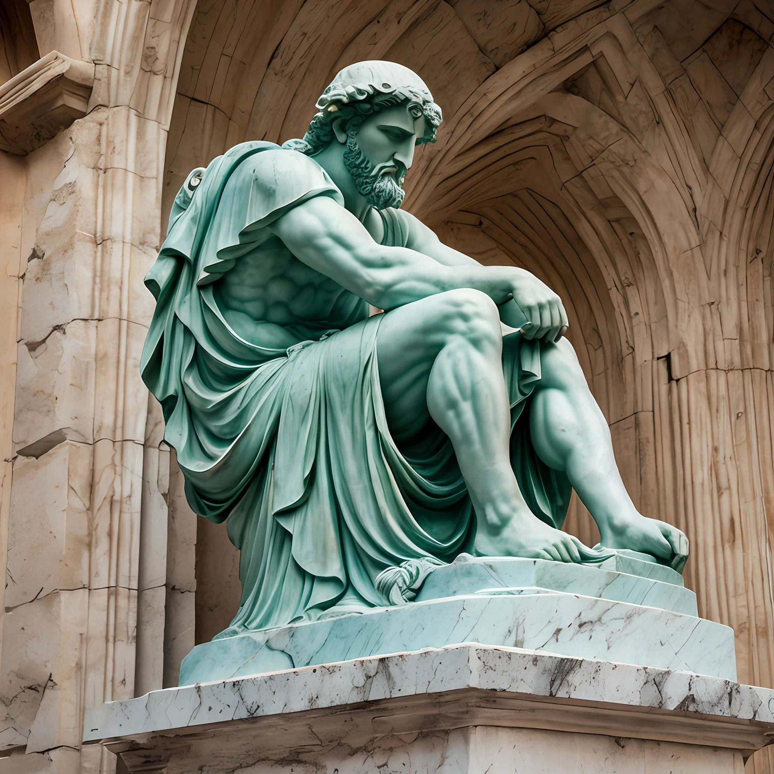 marble sculpture of a Greek thinker ((barbudo )) in a historic place, cinematografia, Epic light and shadow, muito contraste, fotografia profissional