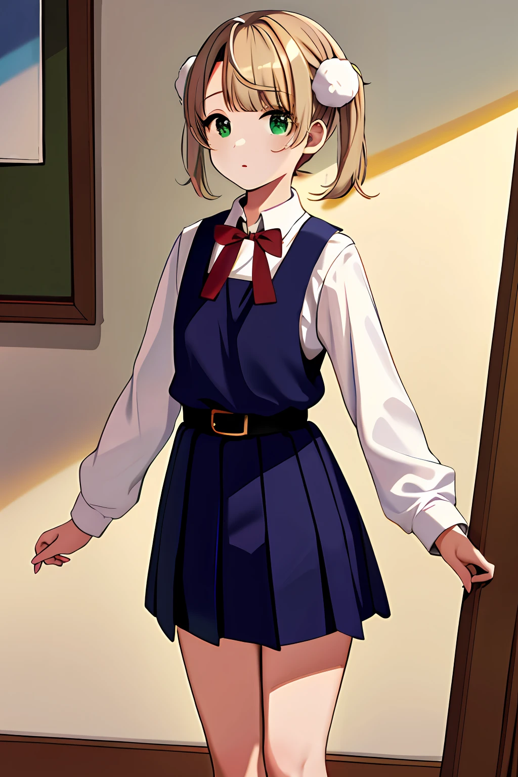 masterpiece, best quality, highres, ui3, 1girl, solo, green eyes, pom pom \(clothes\), pinafore dress, white shirt, white socks, long sleeves, aged down, short hair, belt, red bowtie, bangs, school uniform, blue dress, collared shirt, cowboy shot,