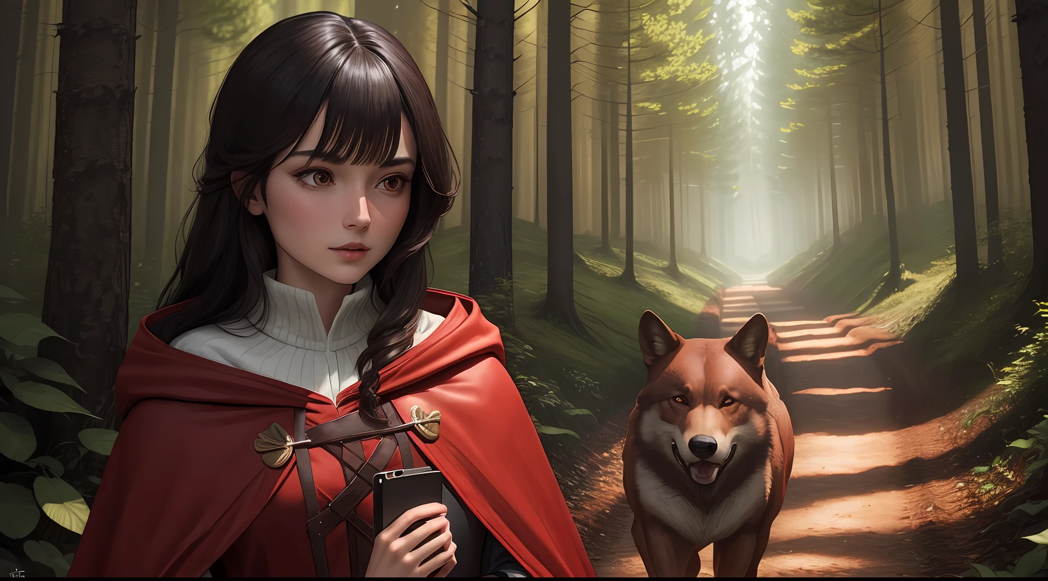A dark-haired girl in a red cloak and a brown wolf run through the forest,，8K,hyper HD，full bodyesbian，Photo-like quality
